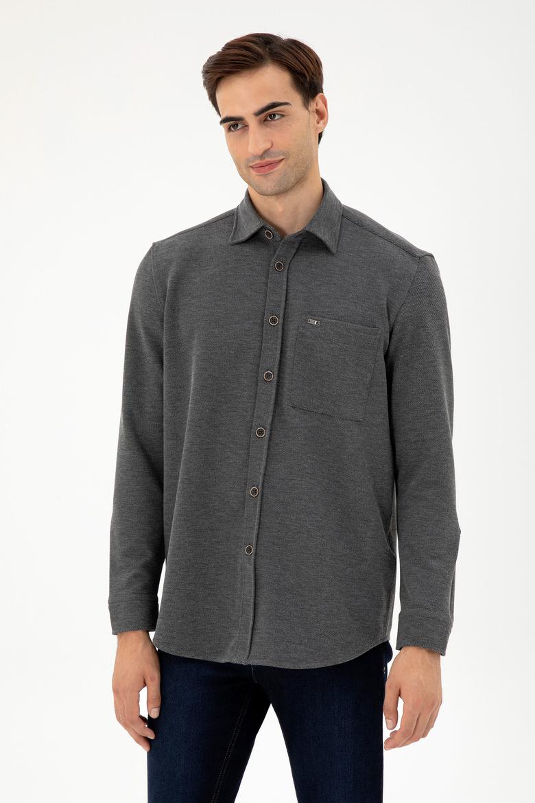 Erkek Açık Gri Comfort Fit Cepli Örme Gömlek
