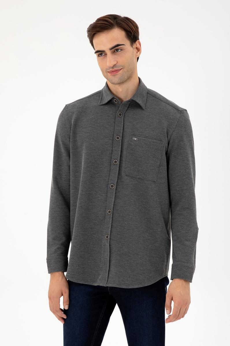 Erkek Açık Gri Comfort Fit Cepli Örme Gömlek