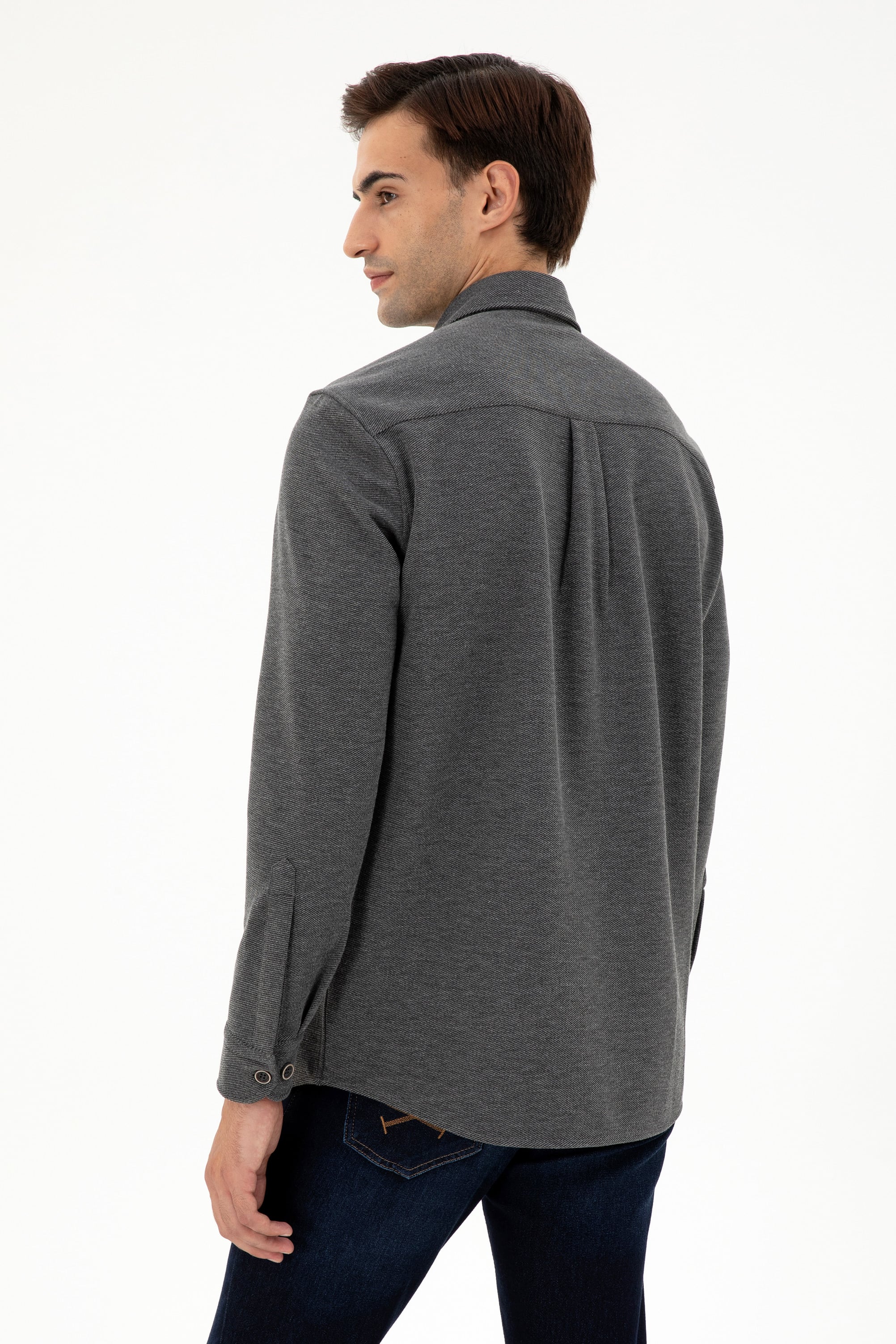 Erkek Açık Gri Comfort Fit Cepli Örme Gömlek