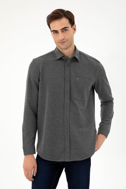 Erkek Açık Gri Comfort Fit Cepli Örme Gömlek