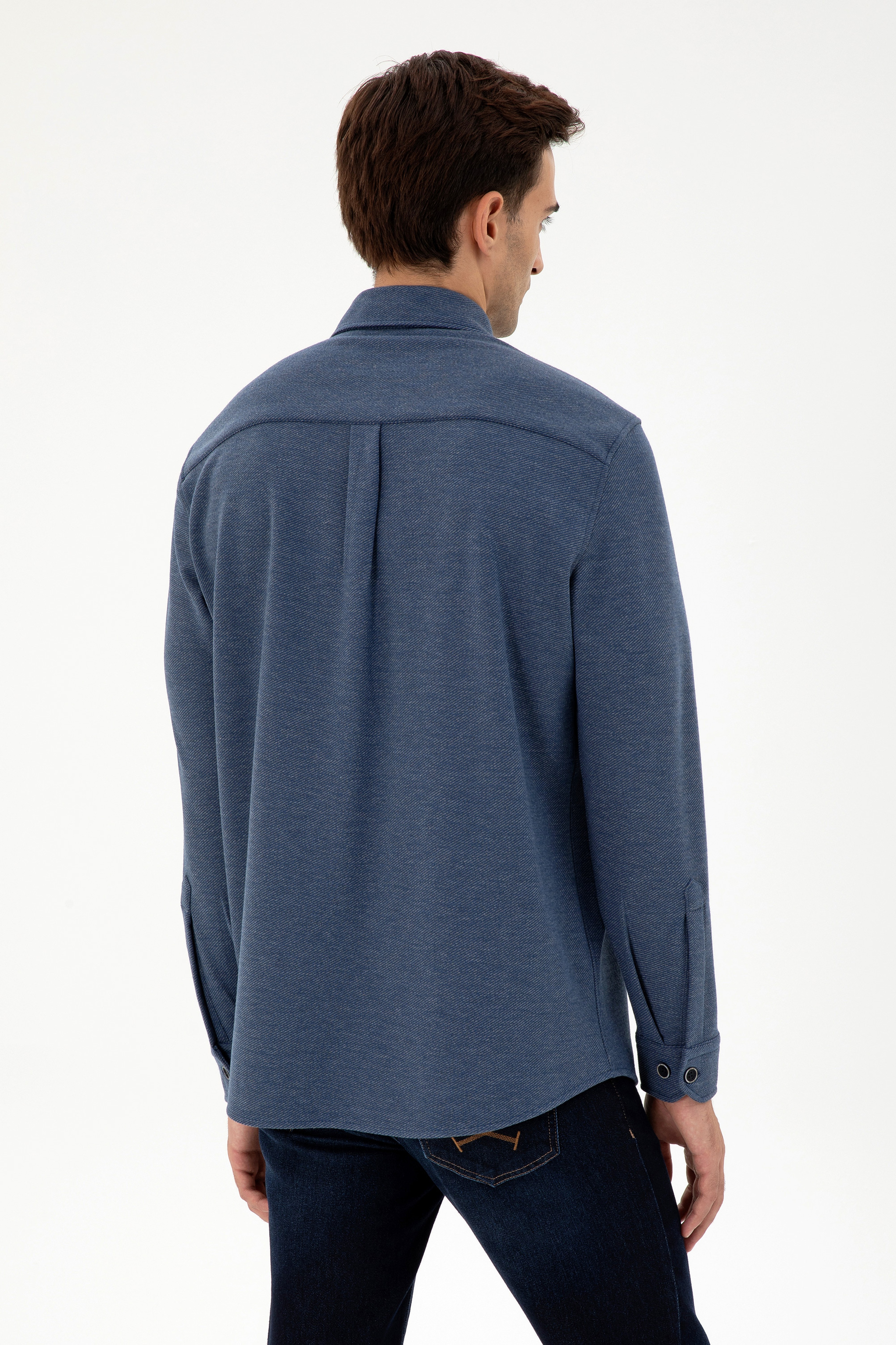 Erkek Lacivert Comfort Fit Cepli Örme Gömlek - Image 5