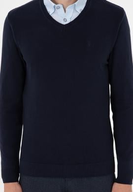 Erkek Slim Fit V Yaka Lacivert Basic Kazak - 50288886053