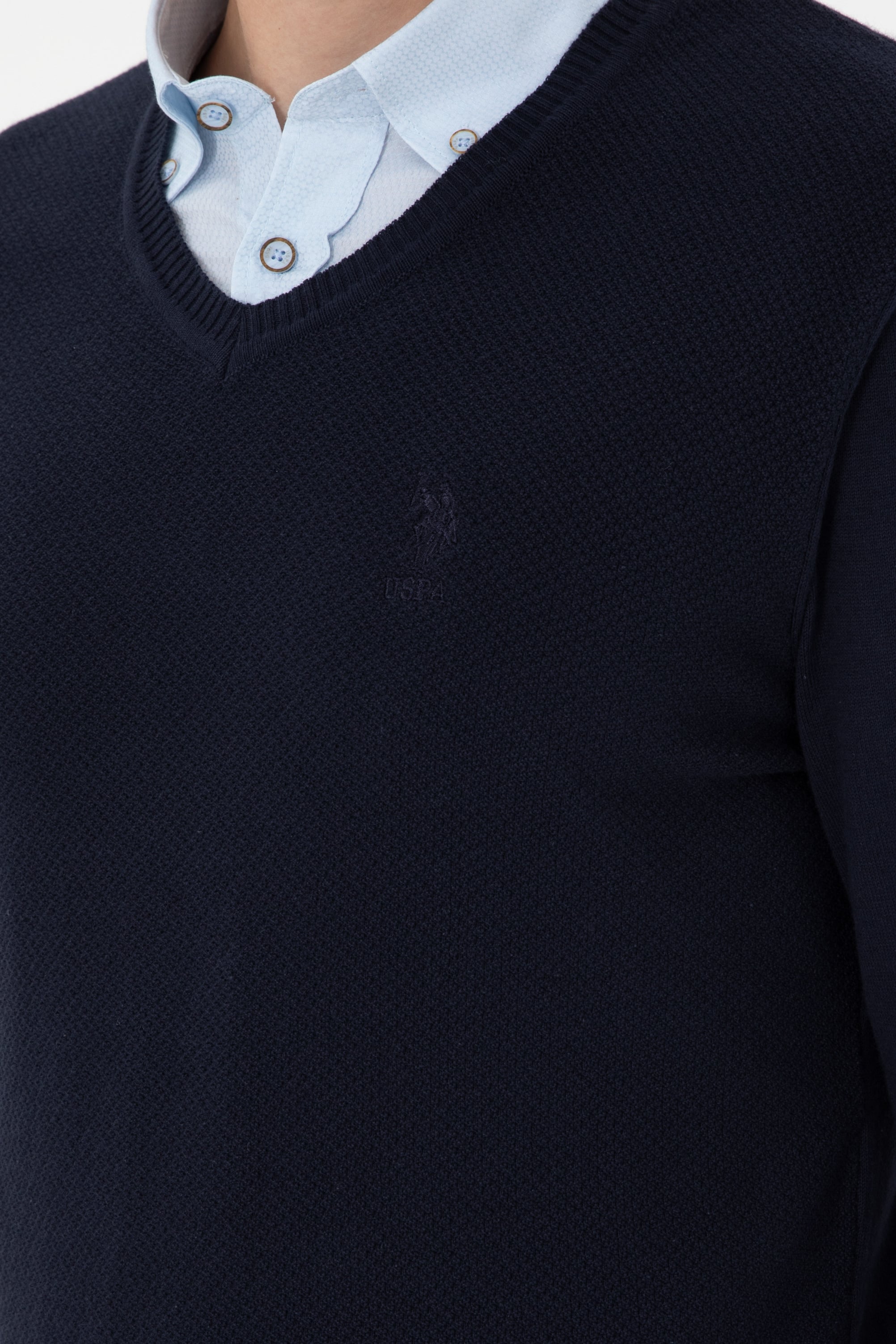 Erkek Slim Fit V Yaka Lacivert Basic Kazak