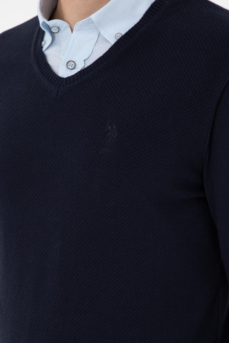 Erkek Slim Fit V Yaka Lacivert Basic Kazak - 50288886053