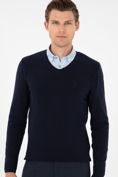 Erkek Slim Fit V Yaka Lacivert Basic Kazak