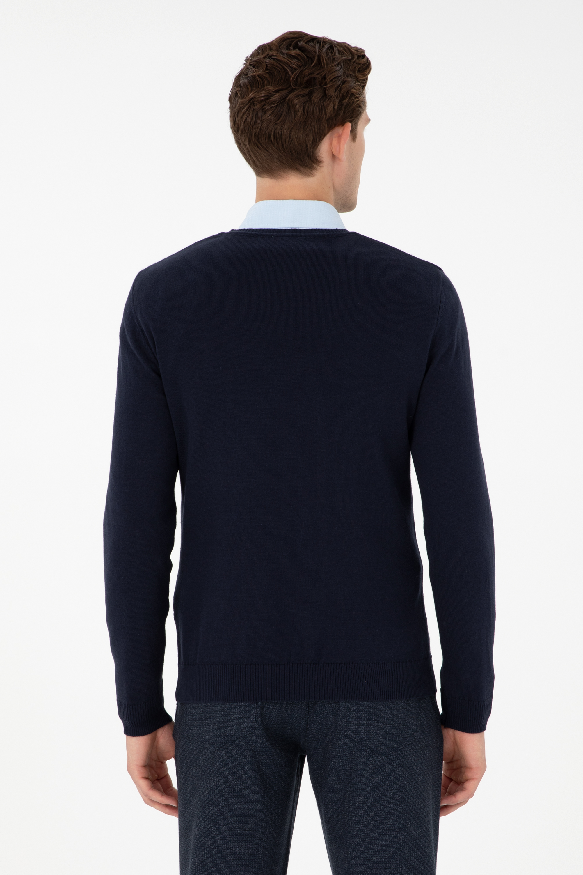 Erkek Slim Fit V Yaka Lacivert Basic Kazak - Image 5