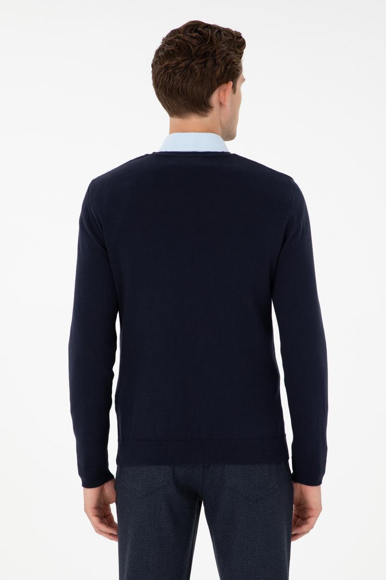 Erkek Slim Fit V Yaka Lacivert Basic Kazak - 50288886053