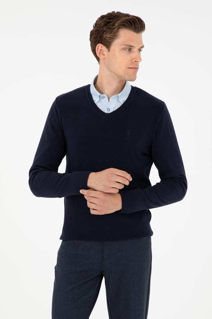 Erkek Slim Fit V Yaka Lacivert Basic Kazak