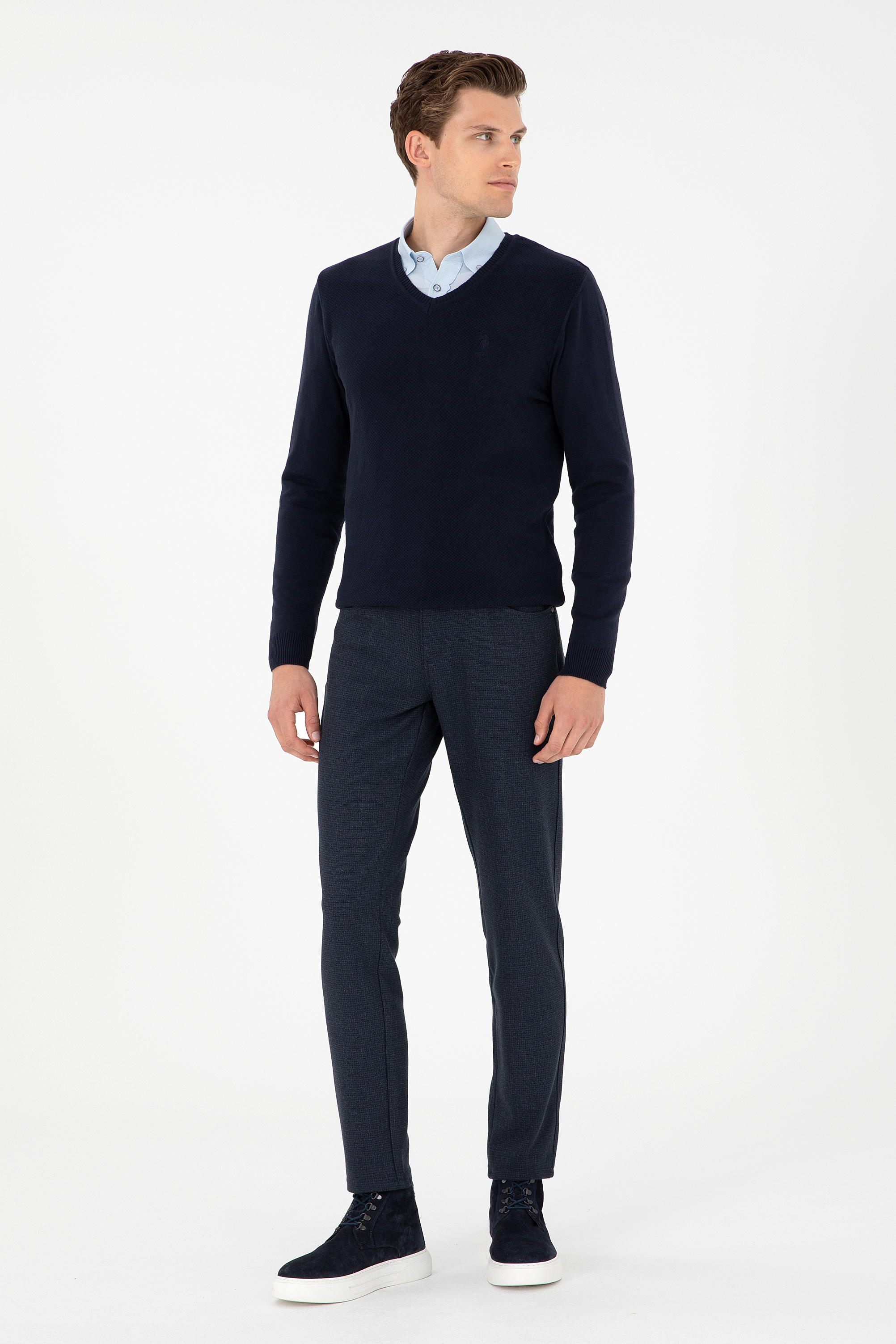 Erkek Slim Fit V Yaka Lacivert Basic Kazak - Image 4