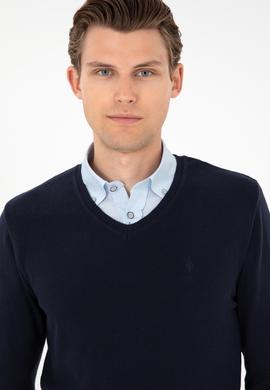 Erkek Slim Fit V Yaka Lacivert Basic Kazak - 50288886053