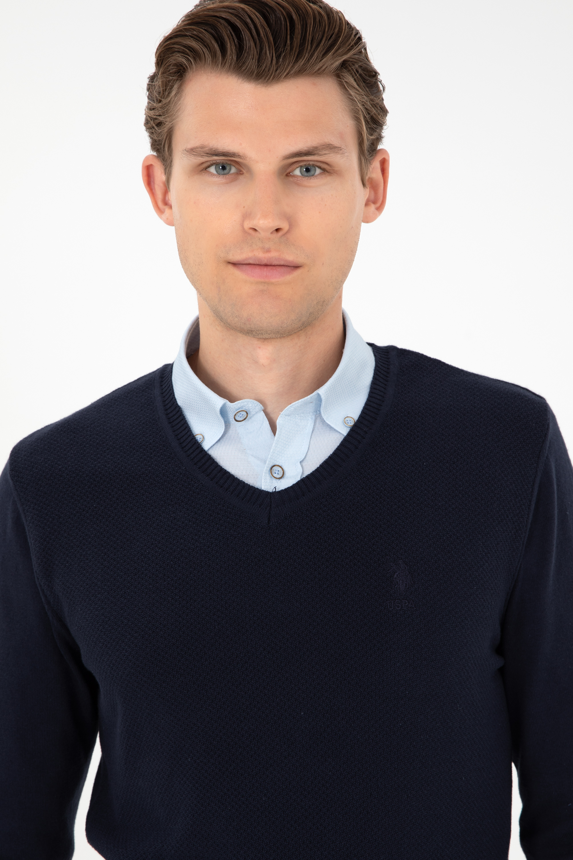 Erkek Slim Fit V Yaka Lacivert Basic Kazak - Image 2