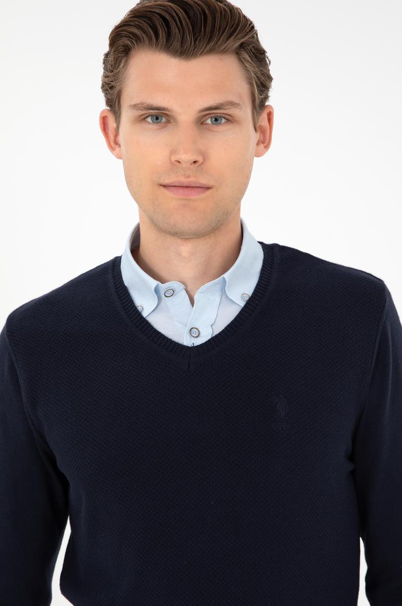 Erkek Slim Fit V Yaka Lacivert Basic Kazak