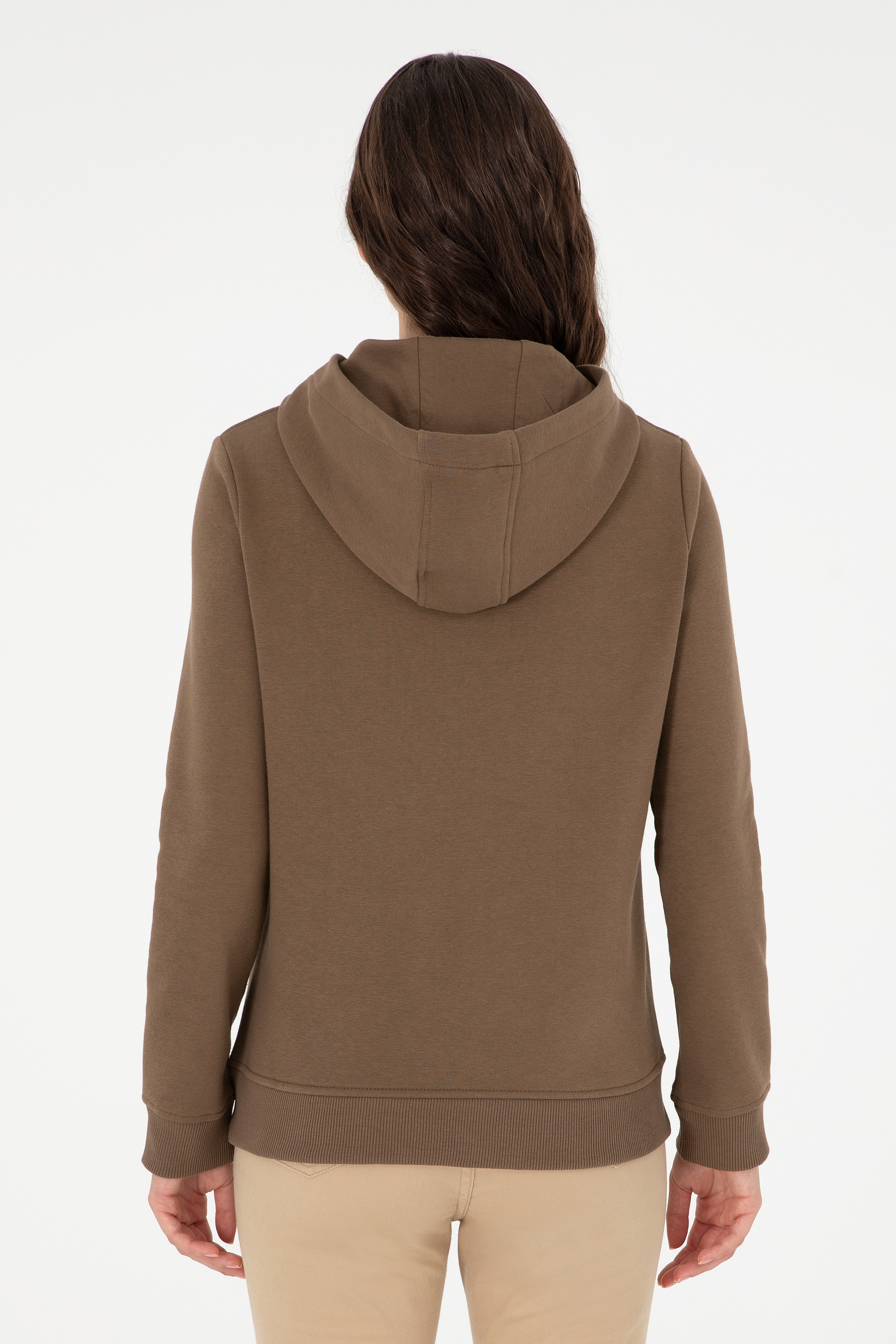 Kadın Haki Basic Kapüşonlu Sweatshirt - Image 5