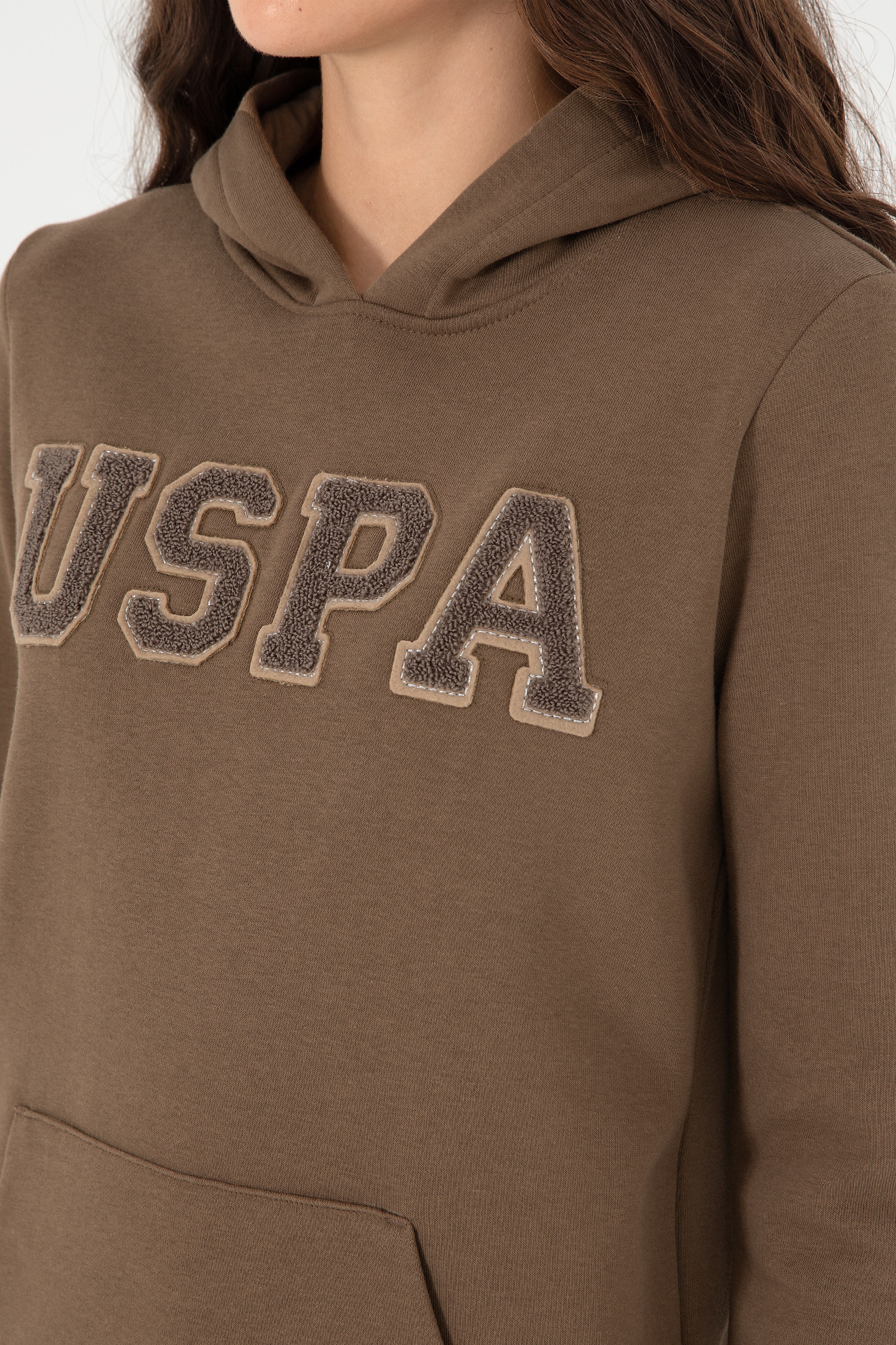 Kadın Haki Basic Kapüşonlu Sweatshirt - Image 7