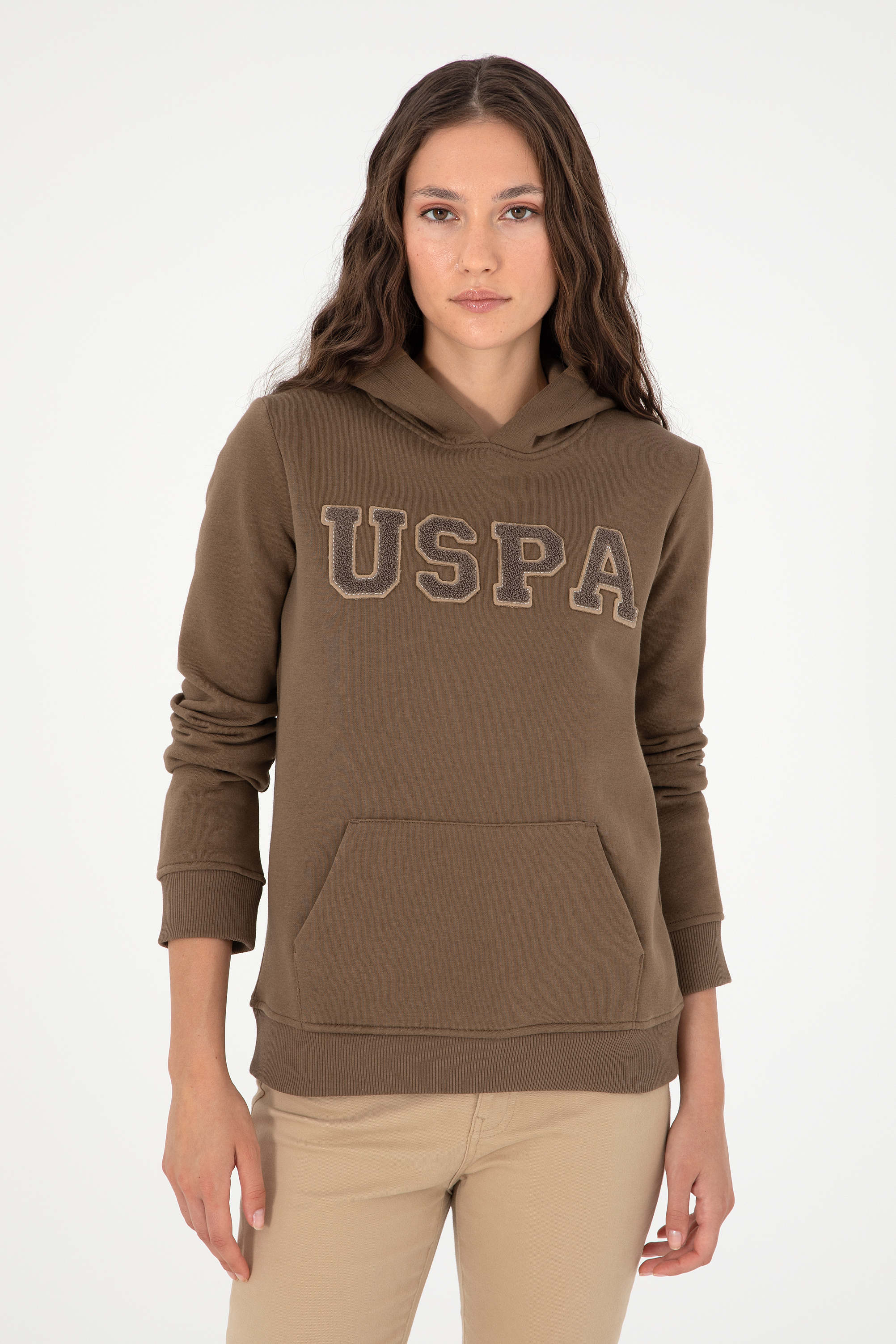 Kadın Haki Basic Kapüşonlu Sweatshirt