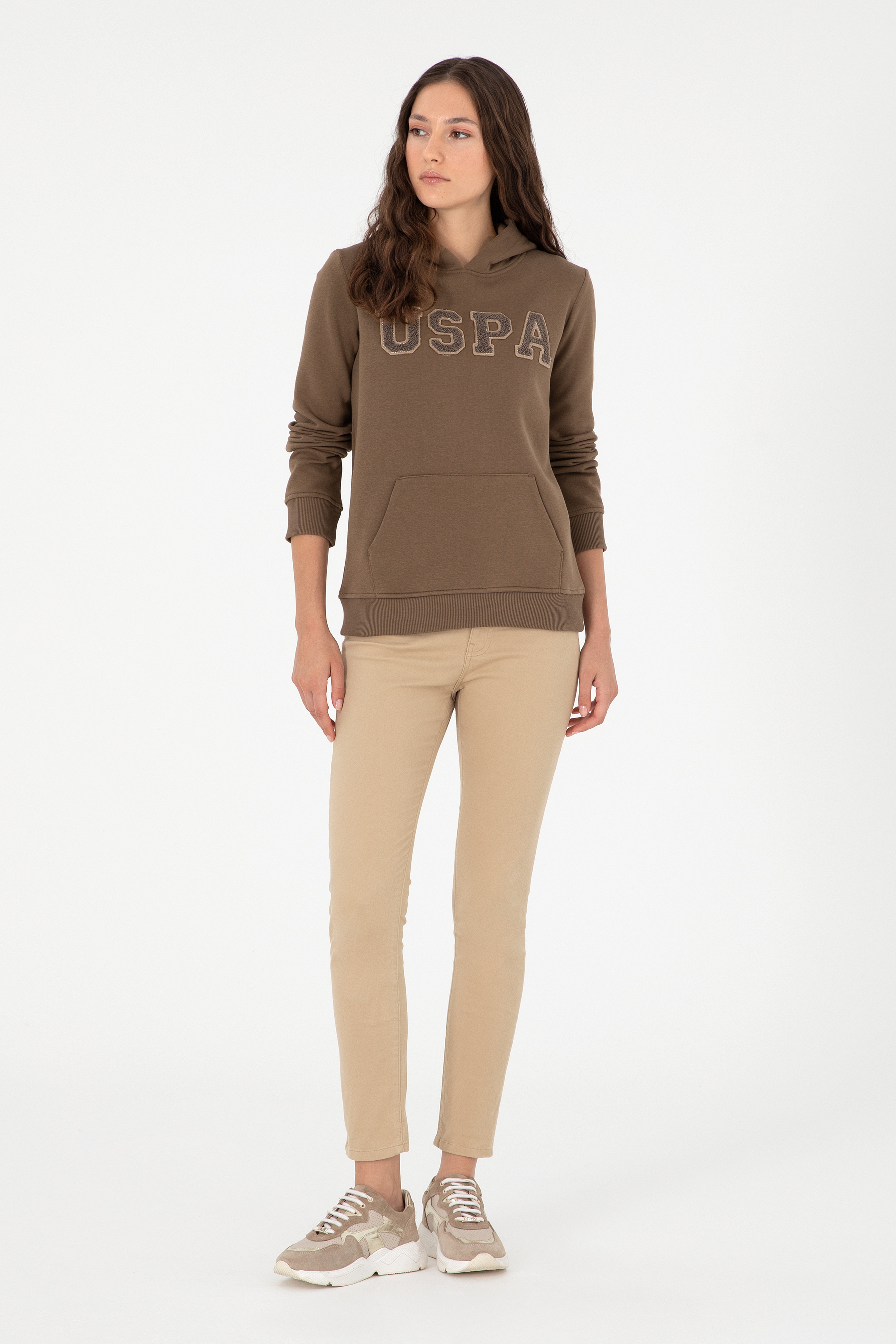 Kadın Haki Basic Kapüşonlu Sweatshirt - Image 4