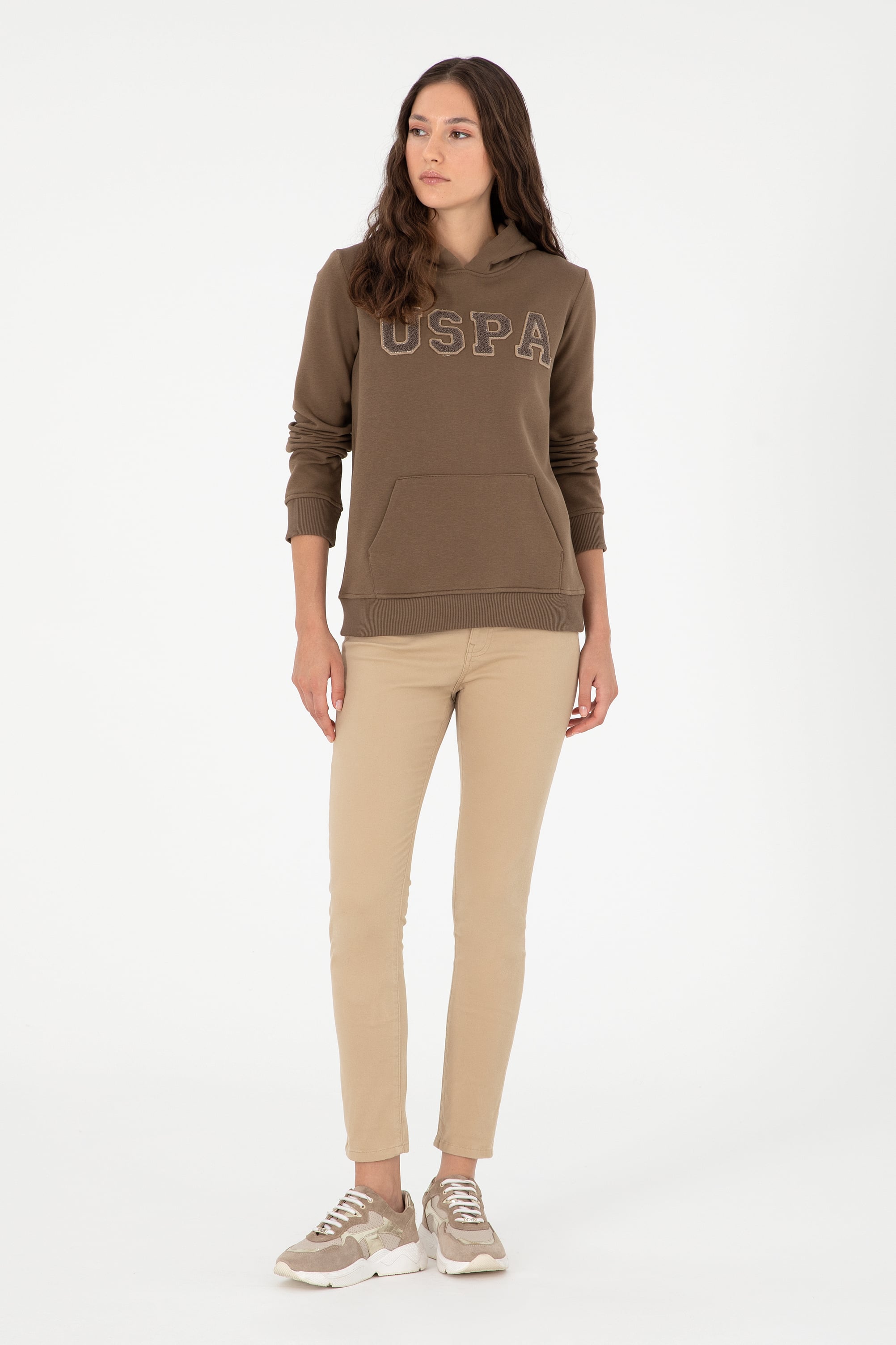 Kadın Haki Basic Kapüşonlu Sweatshirt