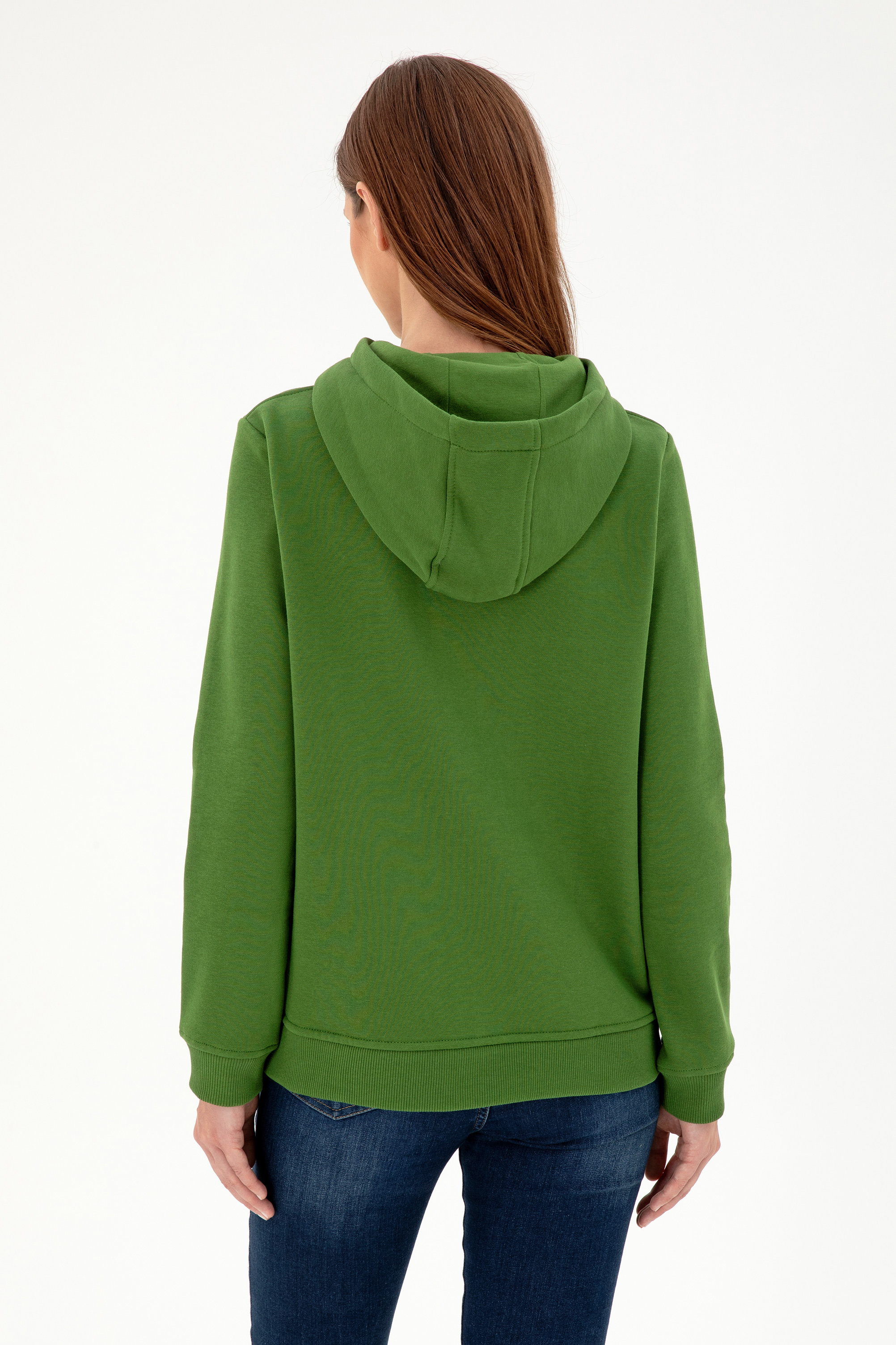 Kadın Yeşil Basic Kapüşonlu Sweatshirt - Image 5
