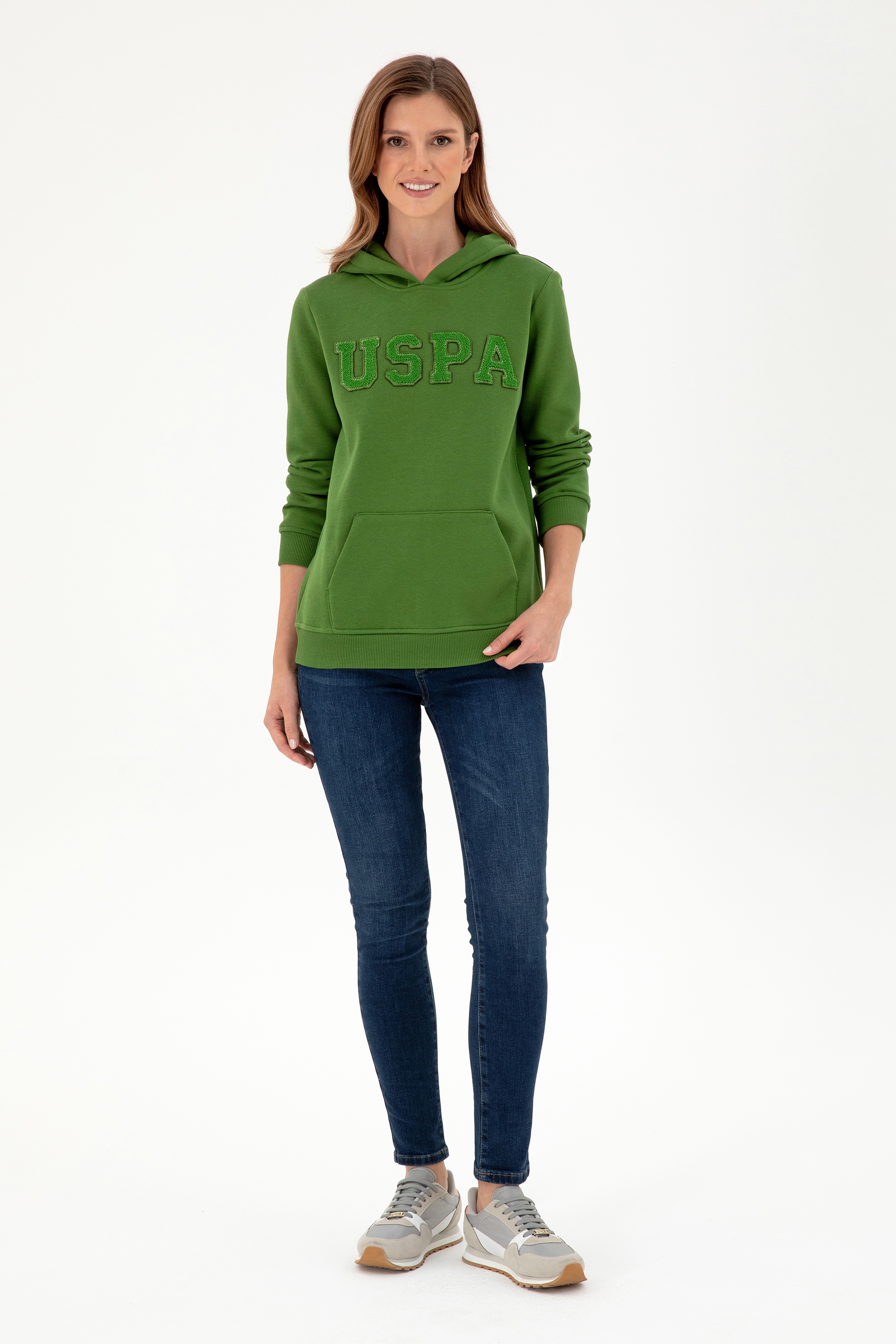 Kadın Yeşil Basic Kapüşonlu Sweatshirt - Image 4
