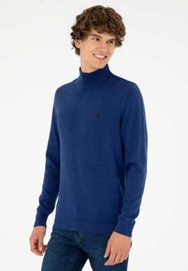 Erkek Slim Fit Yarım Boğazlı İndigo Basic Kazak - 50293499082