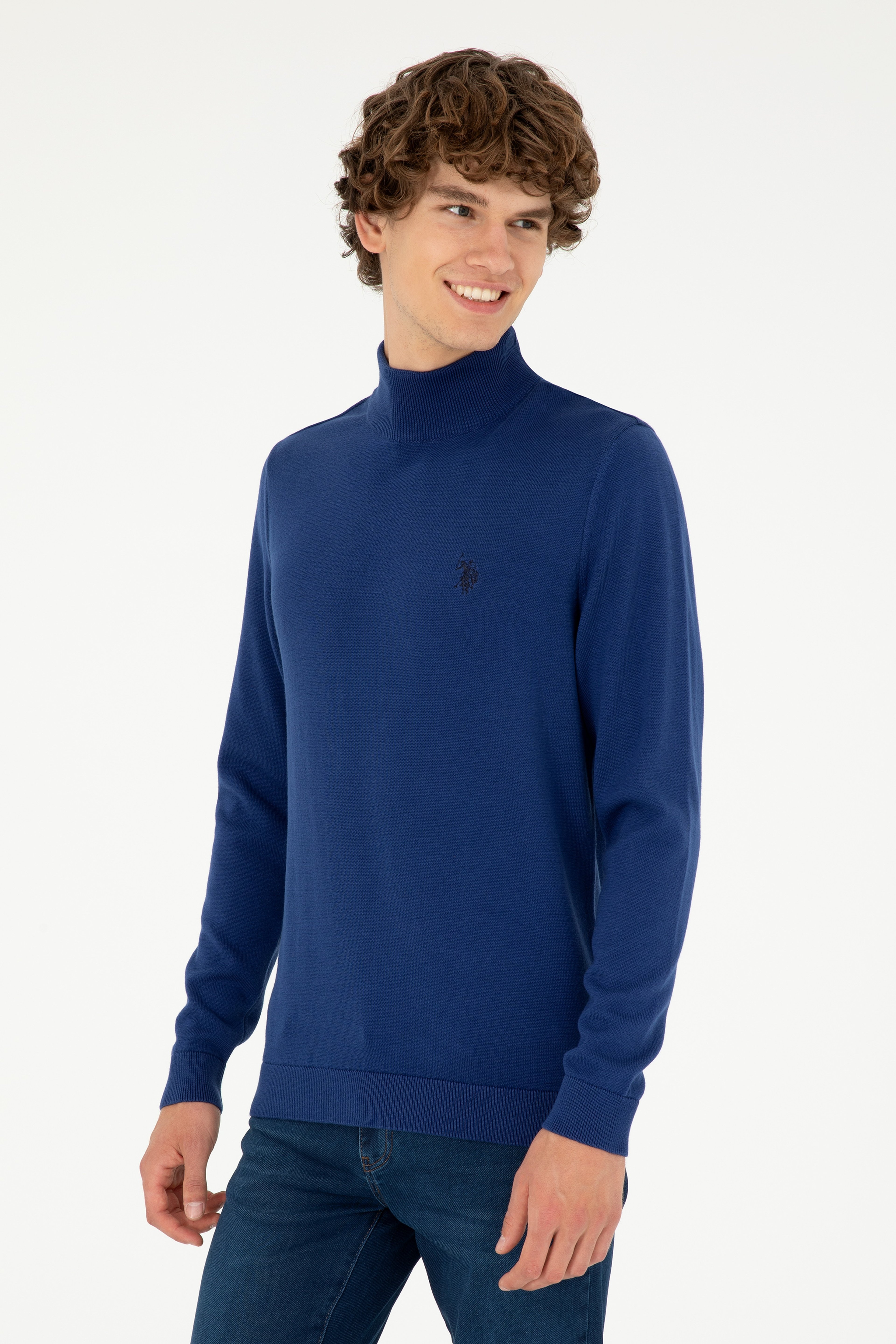 Erkek Slim Fit Yarım Boğazlı İndigo Basic Kazak - Image 1