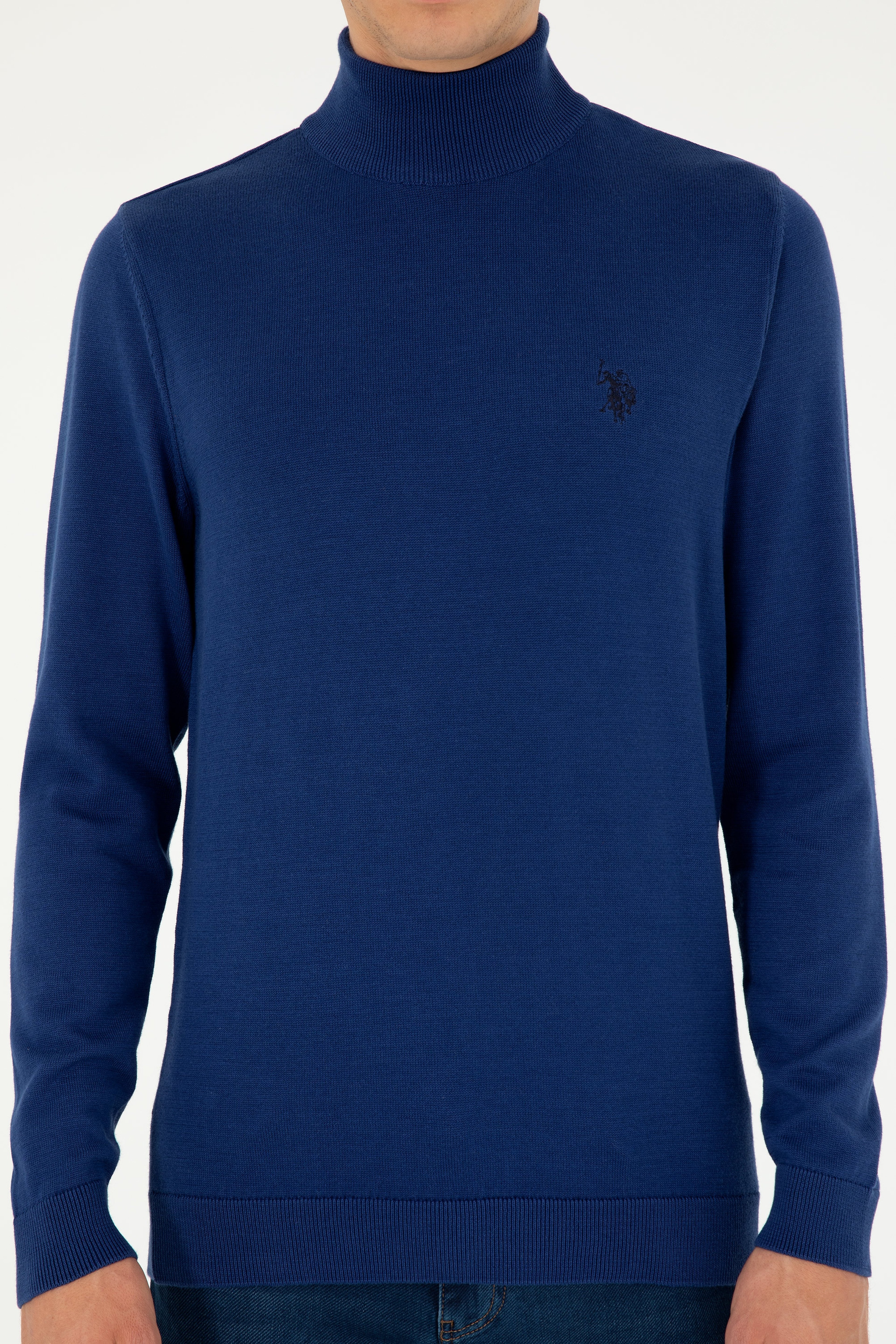 Erkek Slim Fit Yarım Boğazlı İndigo Basic Kazak