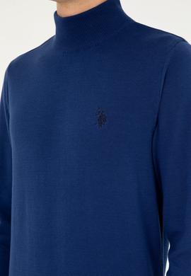 Erkek Slim Fit Yarım Boğazlı İndigo Basic Kazak - 50293499082