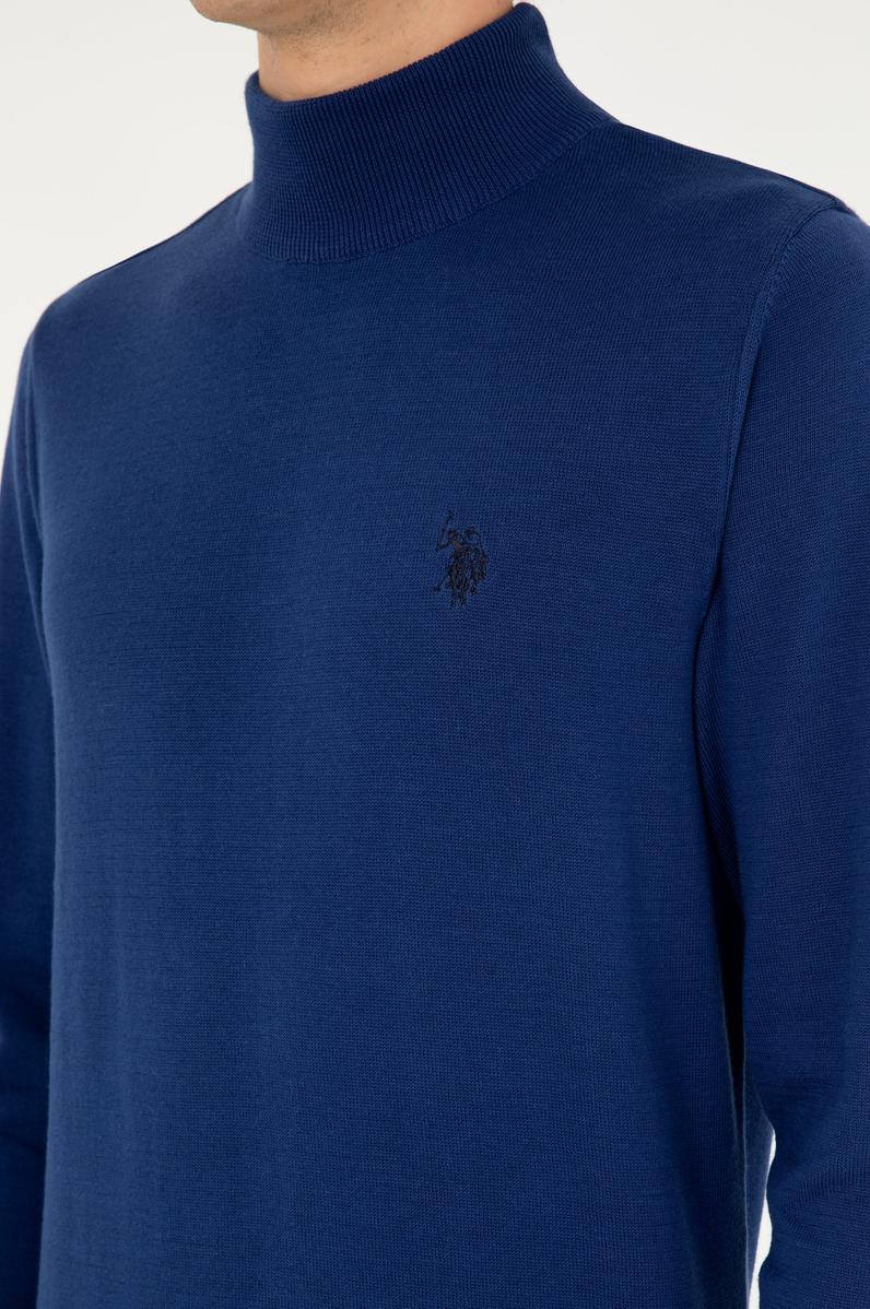 Erkek Slim Fit Yarım Boğazlı İndigo Basic Kazak