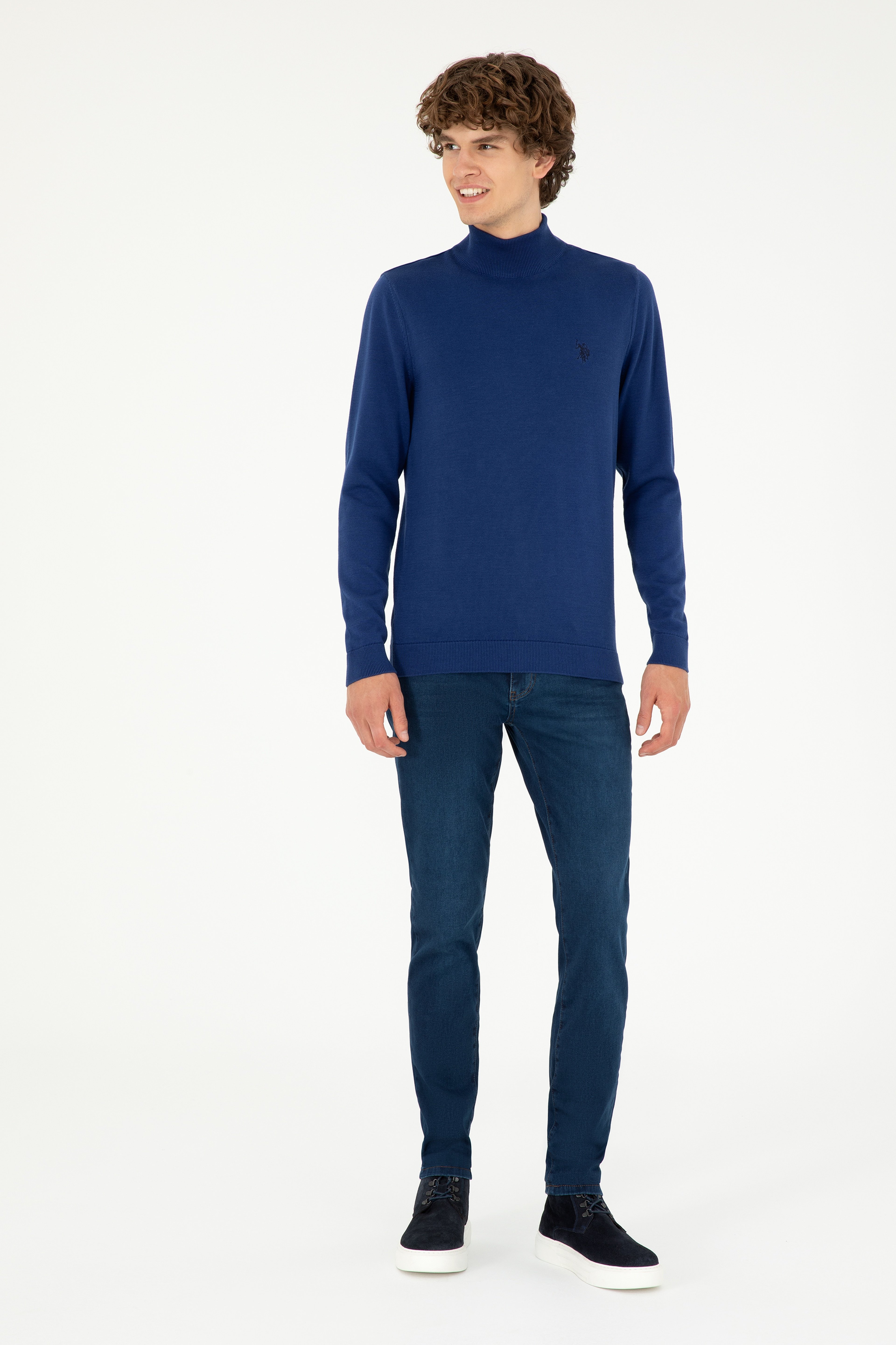 Erkek Slim Fit Yarım Boğazlı İndigo Basic Kazak - Image 4