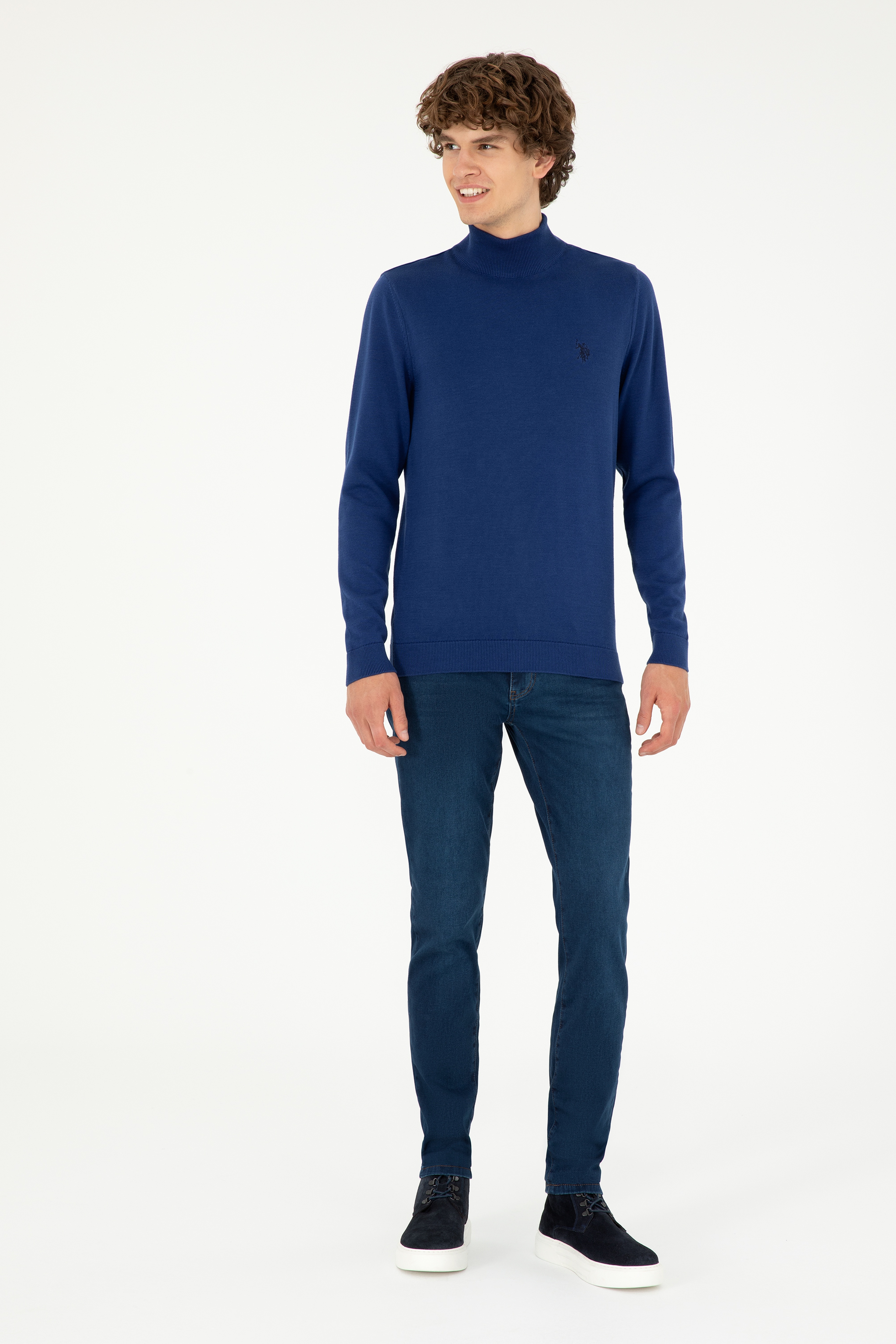 Erkek Slim Fit Yarım Boğazlı İndigo Basic Kazak