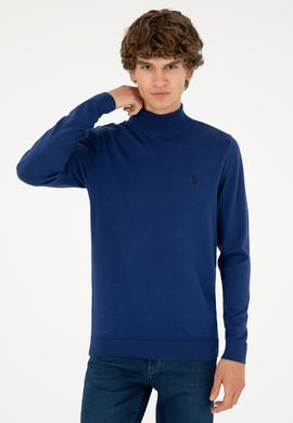 Erkek Slim Fit Yarım Boğazlı İndigo Basic Kazak - 50293499082