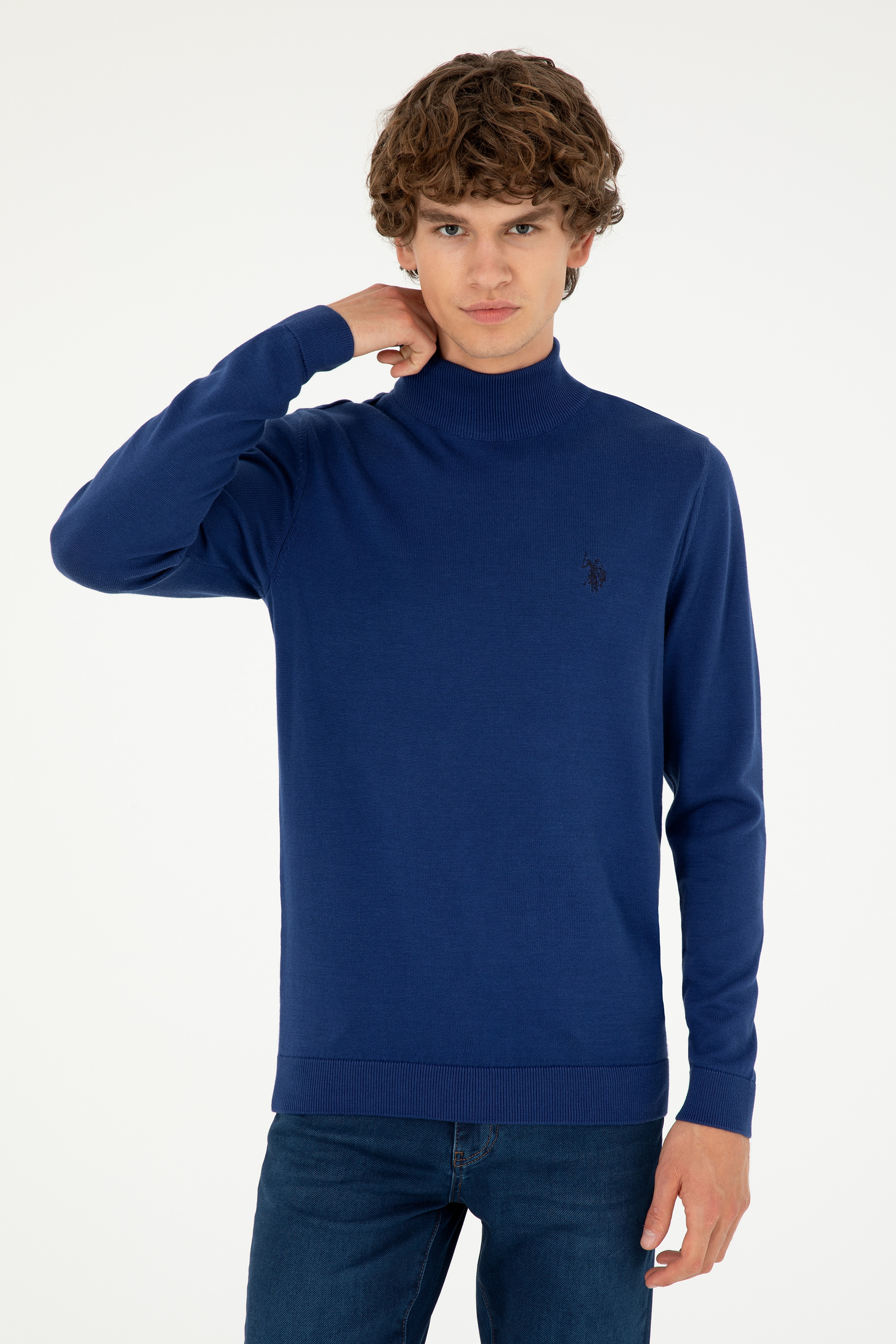Erkek Slim Fit Yarım Boğazlı İndigo Basic Kazak - Image 3