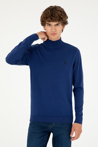 Erkek Slim Fit Yarım Boğazlı İndigo Basic Kazak