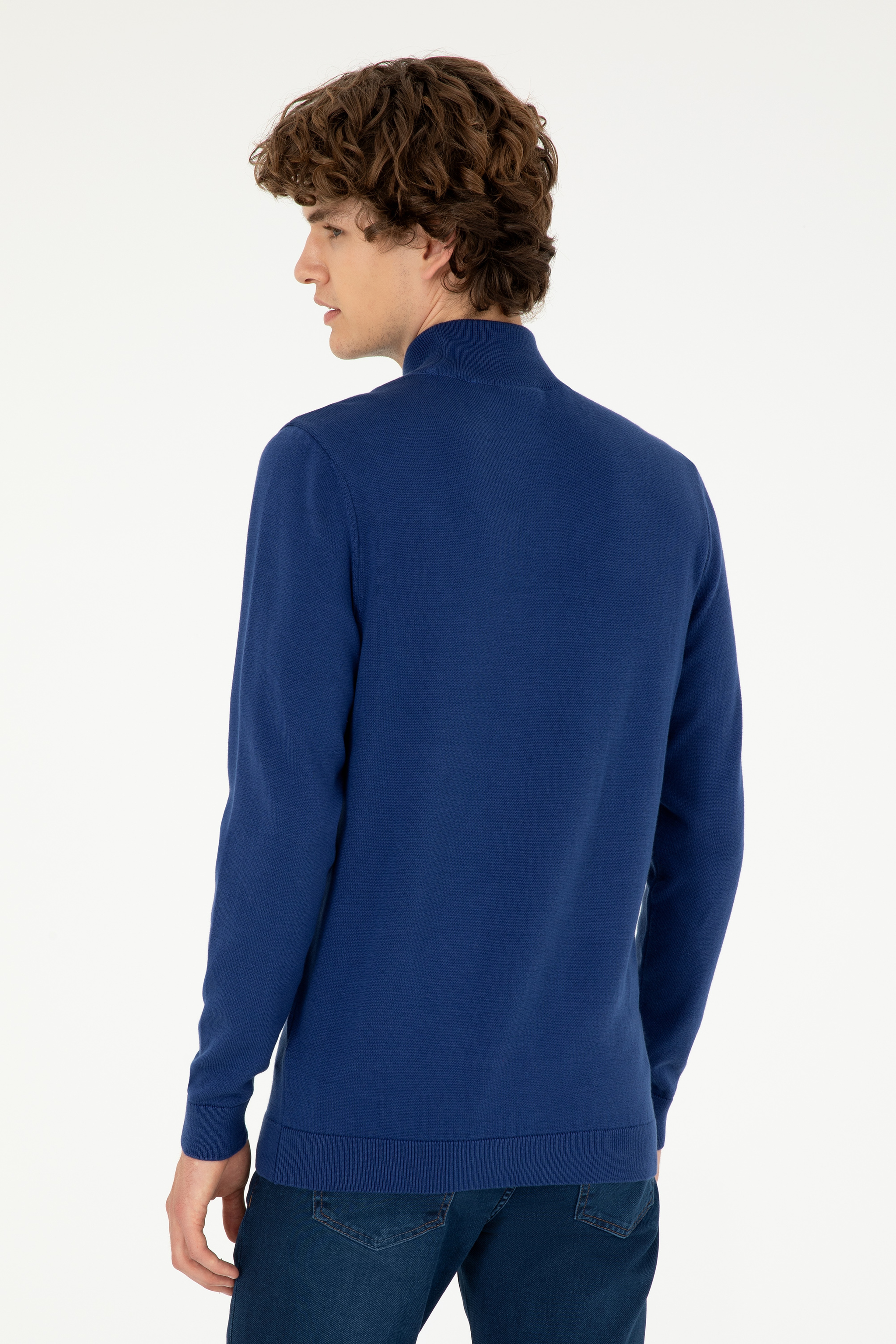 Erkek Slim Fit Yarım Boğazlı İndigo Basic Kazak - Image 5