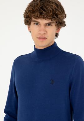 Erkek Slim Fit Yarım Boğazlı İndigo Basic Kazak - 50293499082