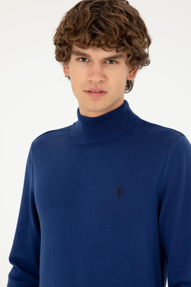 Erkek Slim Fit Yarım Boğazlı İndigo Basic Kazak