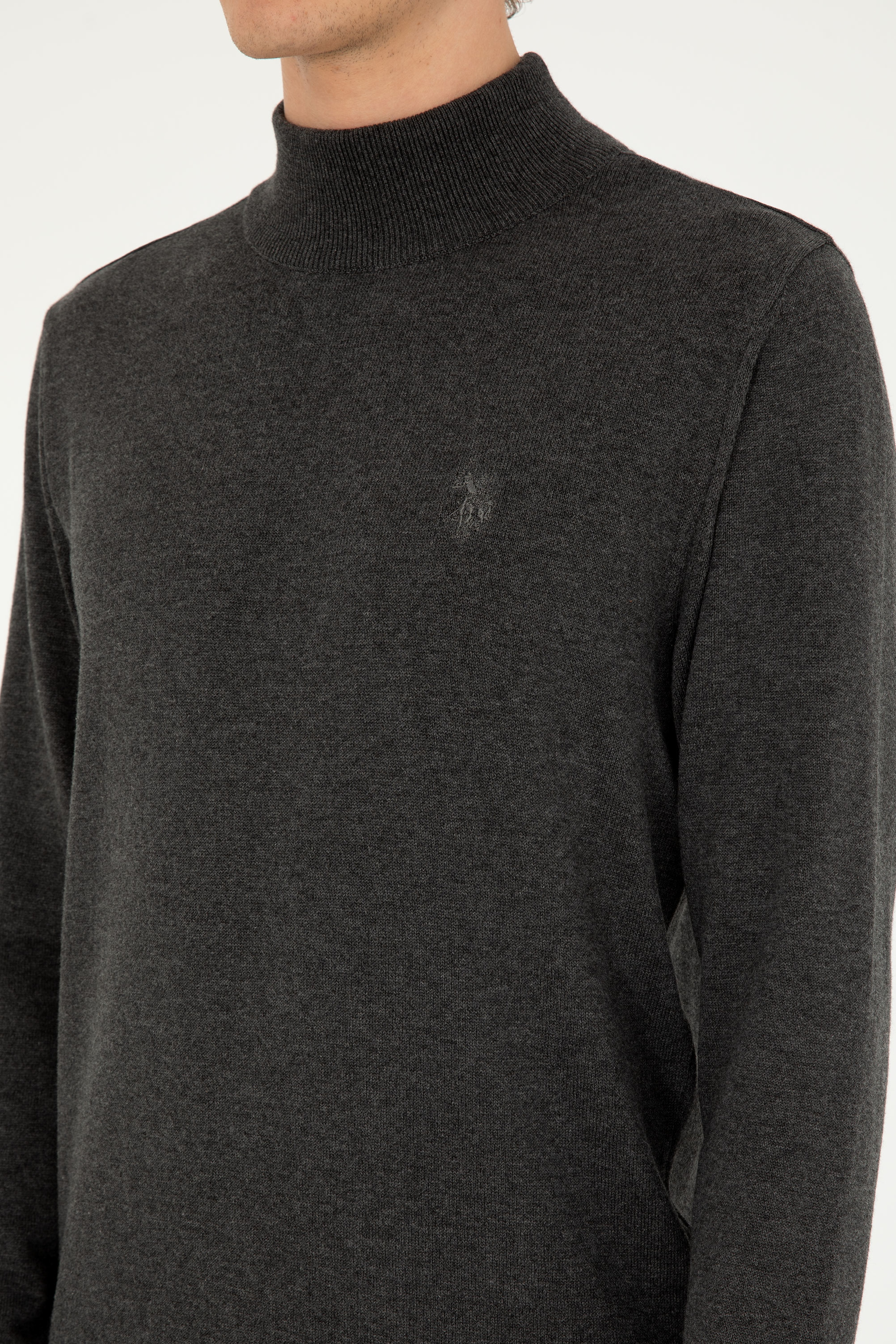 Erkek Slim Fit Yarım Boğazlı Antrasit Melanj Basic Kazak - Image 7