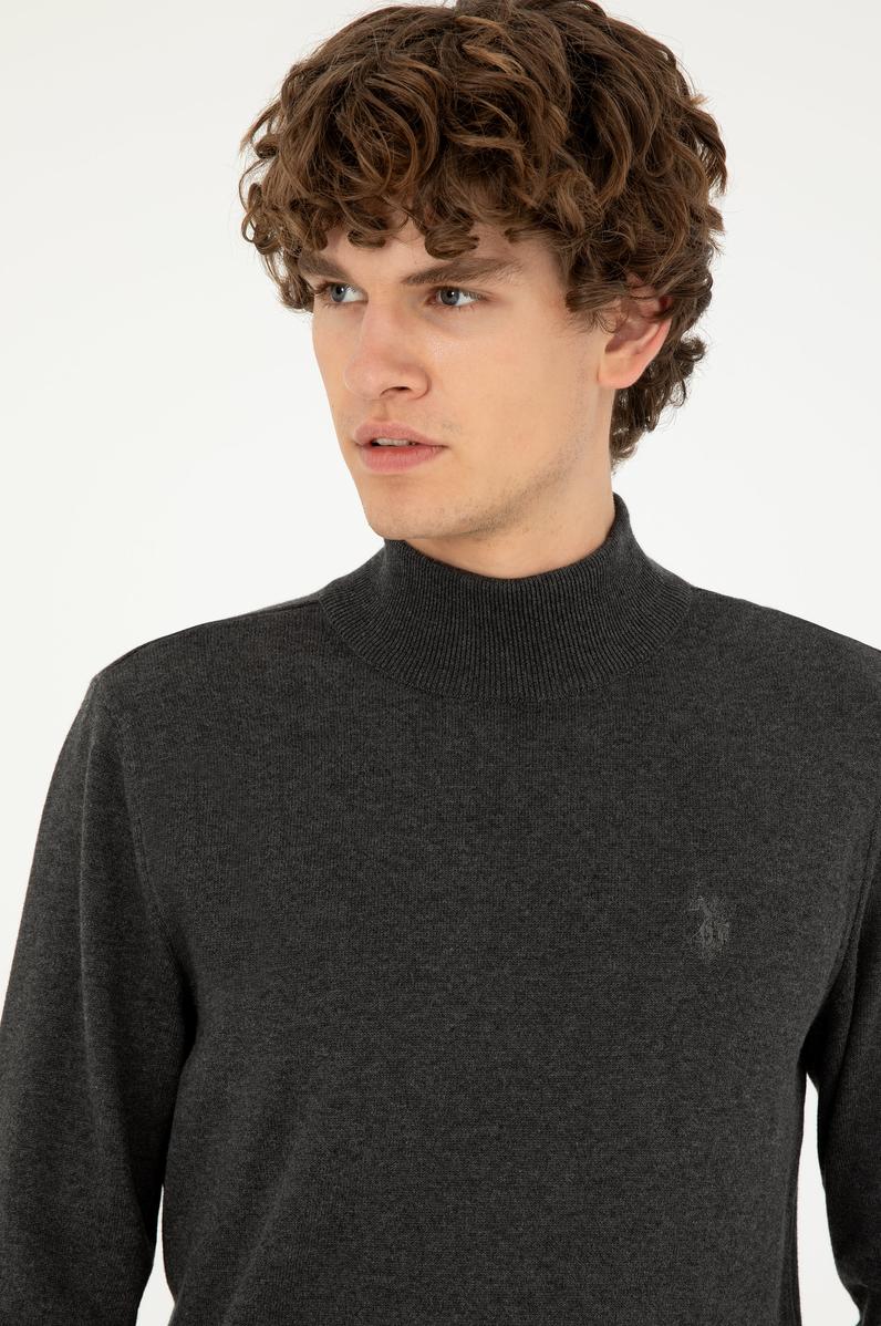 Erkek Slim Fit Yarım Boğazlı Antrasit Melanj Basic Kazak