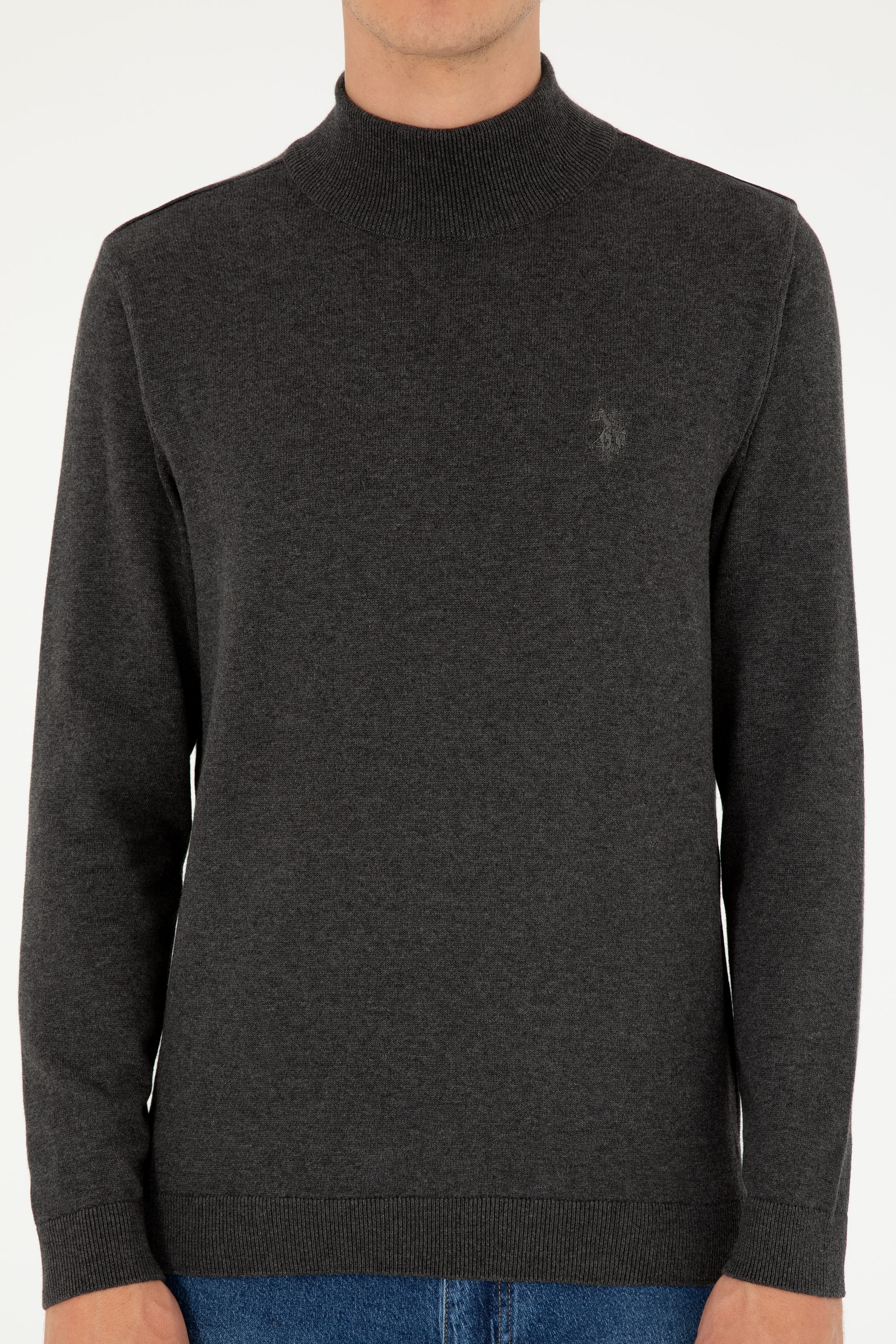 Erkek Slim Fit Yarım Boğazlı Antrasit Melanj Basic Kazak - Image 6