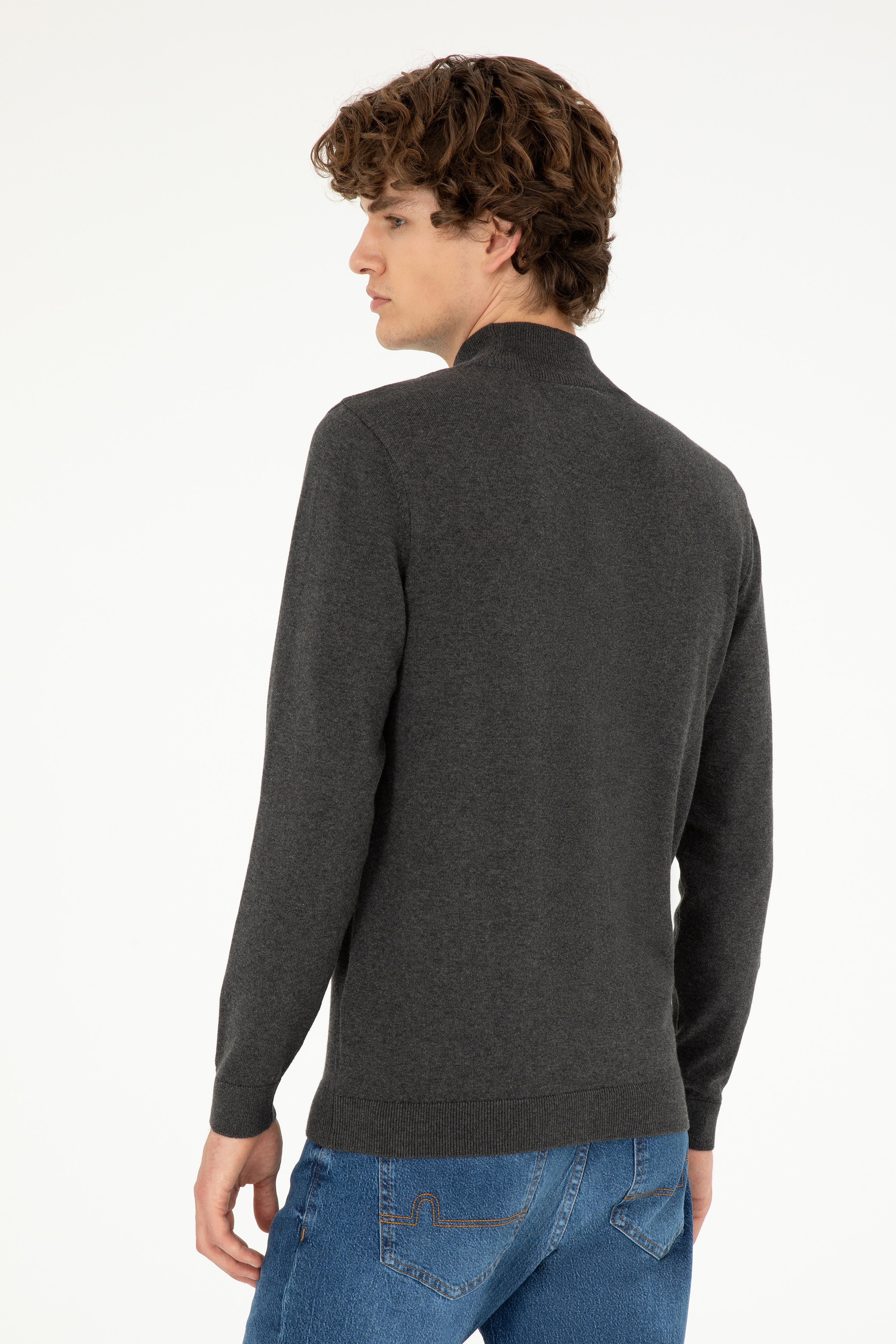 Erkek Slim Fit Yarım Boğazlı Antrasit Melanj Basic Kazak