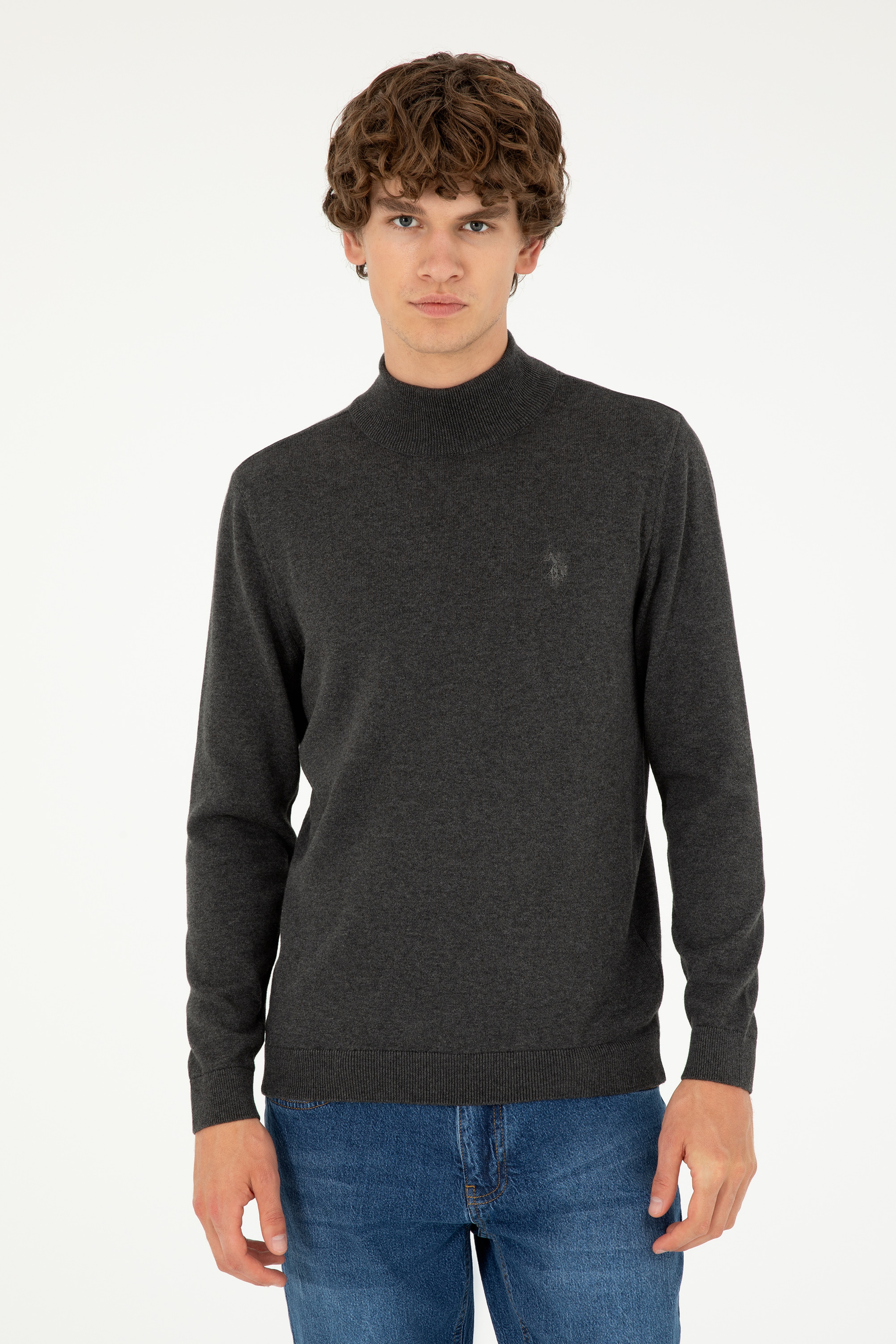Erkek Slim Fit Yarım Boğazlı Antrasit Melanj Basic Kazak - Image 3
