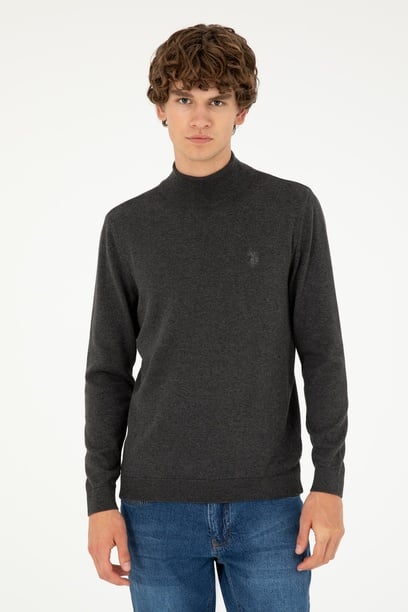 Erkek Slim Fit Yarım Boğazlı Antrasit Melanj Basic Kazak