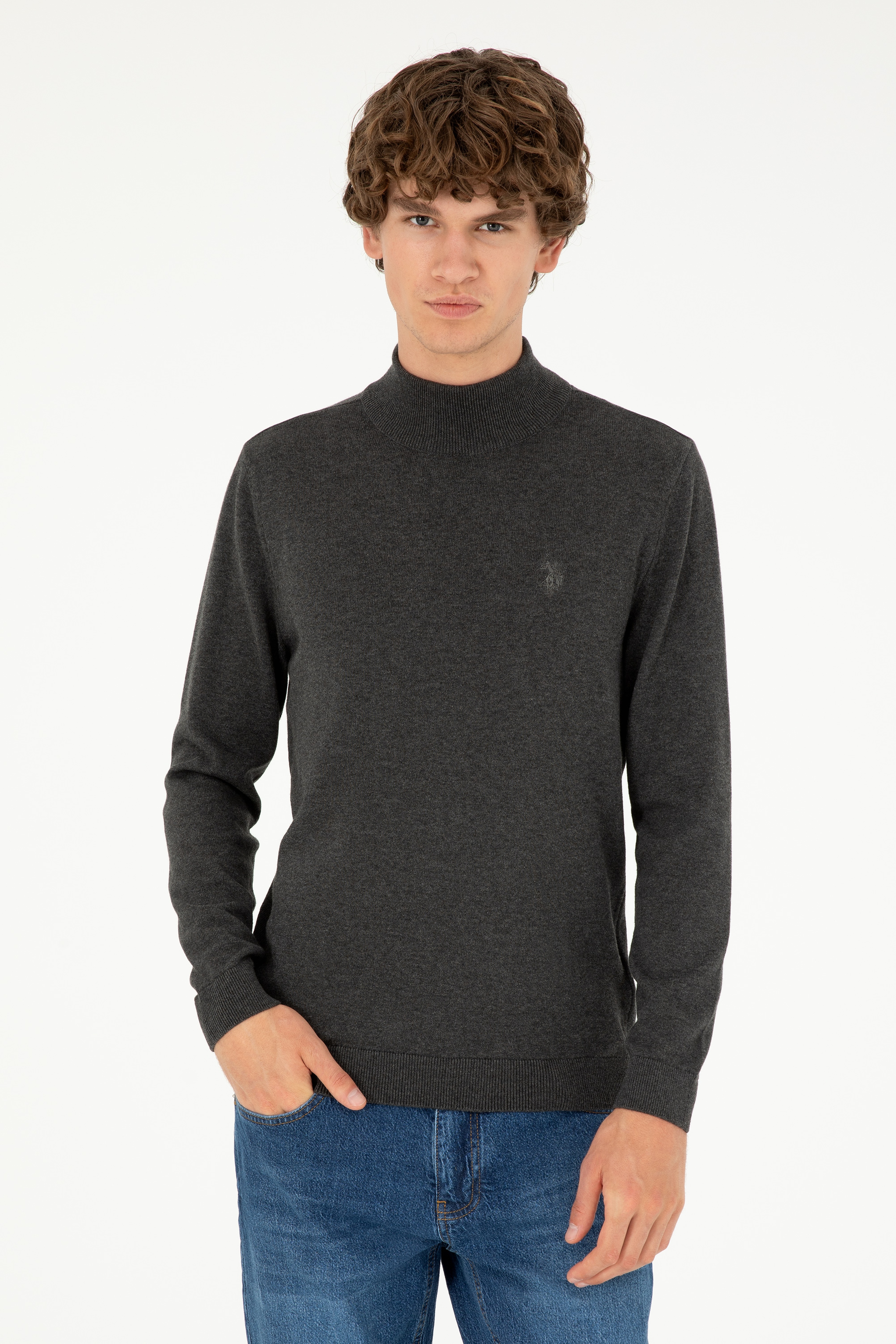 Erkek Slim Fit Yarım Boğazlı Antrasit Melanj Basic Kazak - Image 1