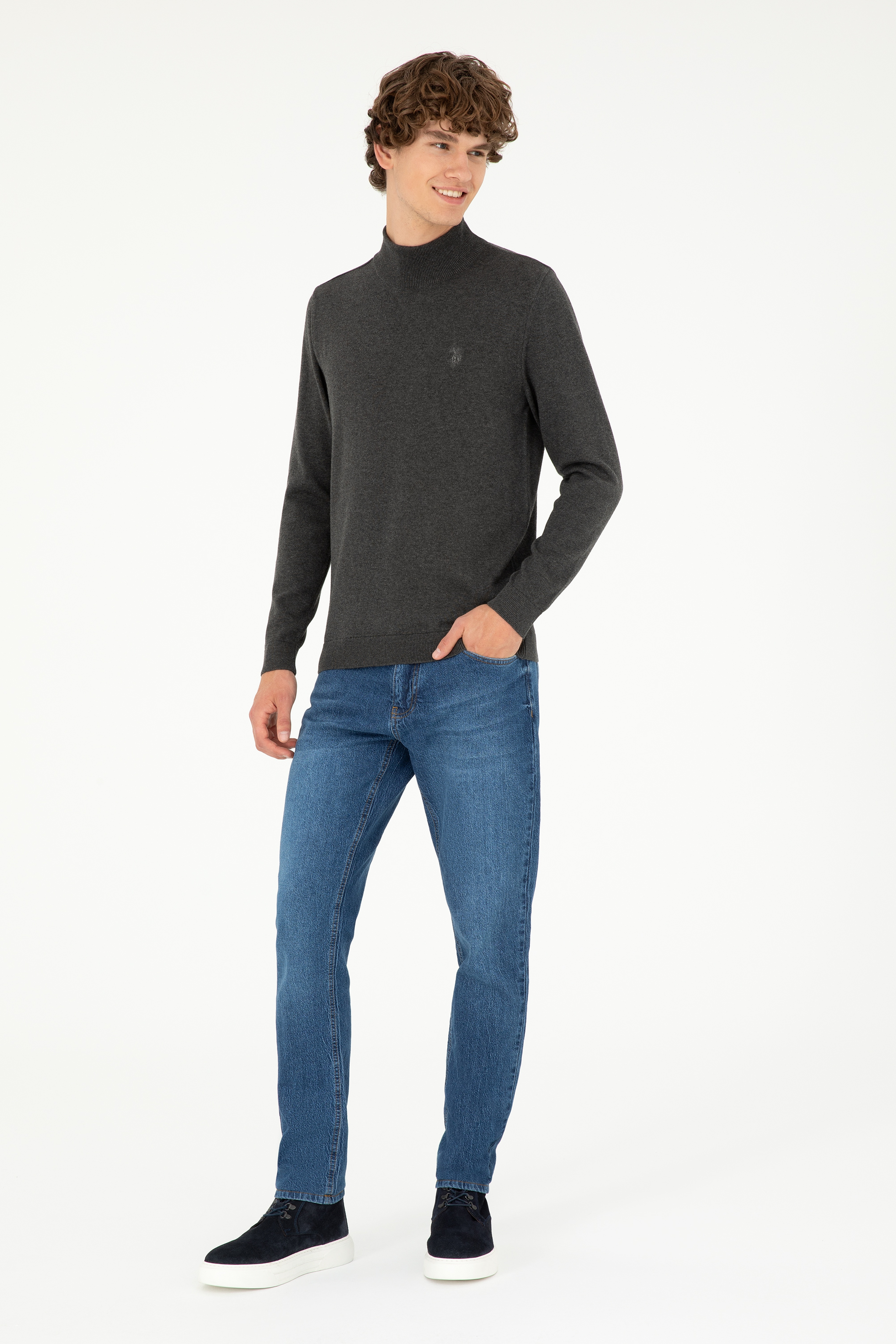 Erkek Slim Fit Yarım Boğazlı Antrasit Melanj Basic Kazak