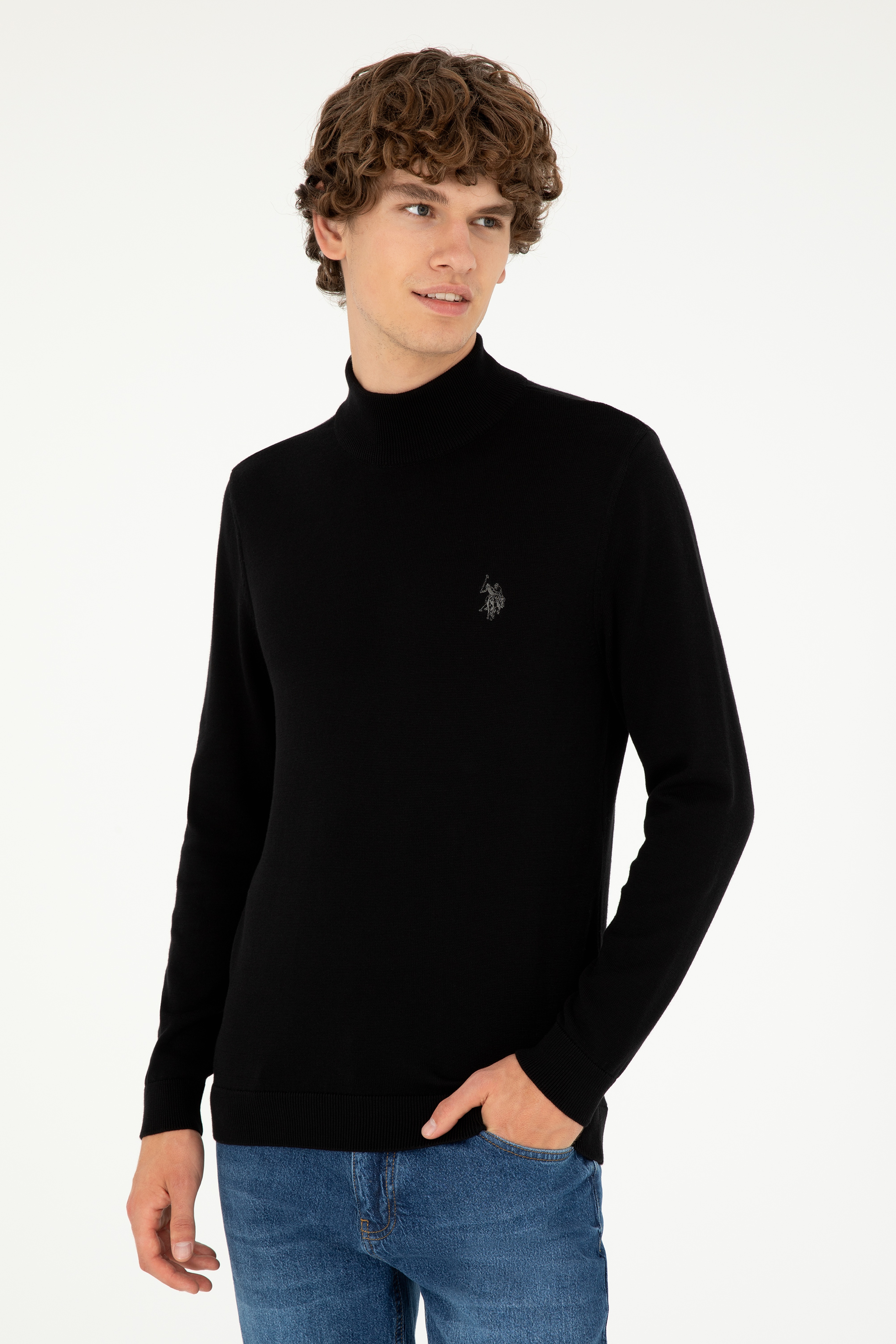 Erkek Slim Fit Yarım Boğazlı Siyah Basic Kazak
