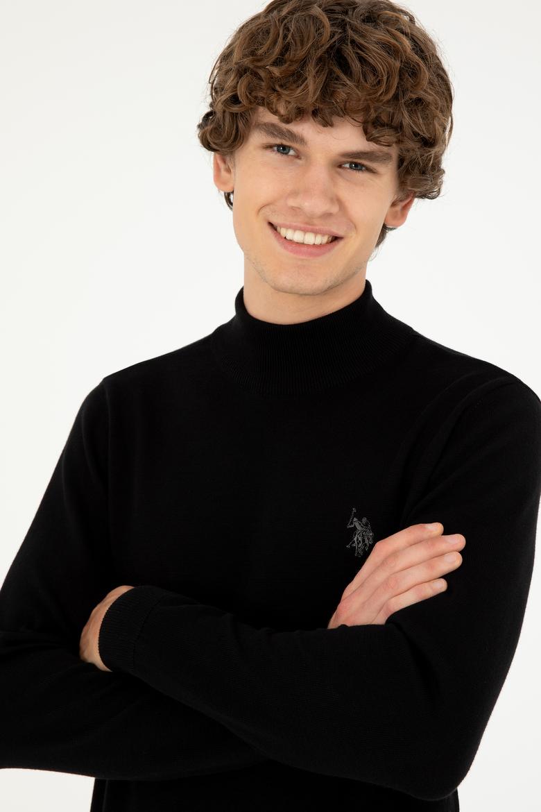 Erkek Slim Fit Yarım Boğazlı Siyah Basic Kazak - 50293499062