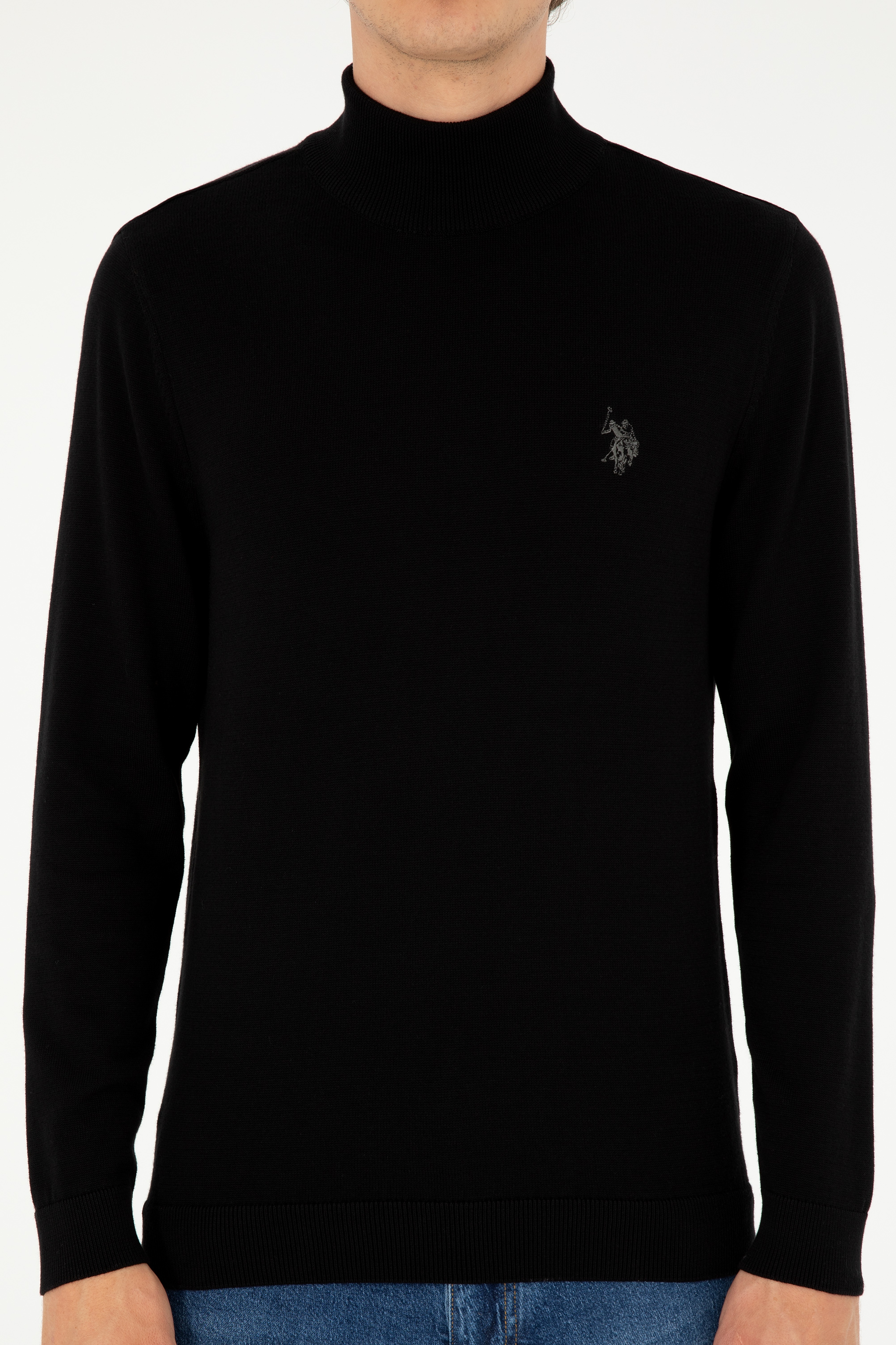 Erkek Slim Fit Yarım Boğazlı Siyah Basic Kazak - Image 6