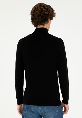 Erkek Slim Fit Yarım Boğazlı Siyah Basic Kazak - 50293499062