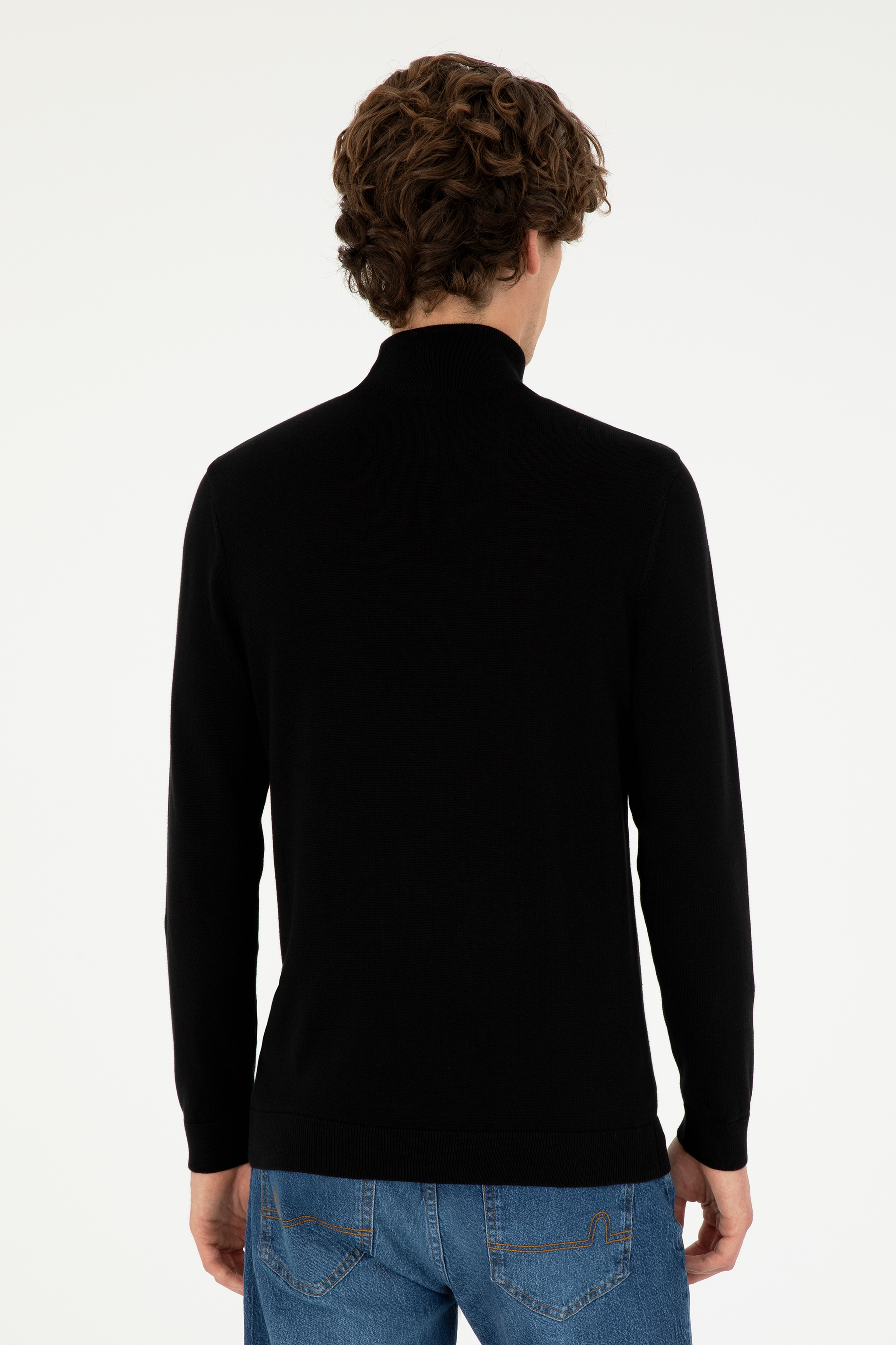 Erkek Slim Fit Yarım Boğazlı Siyah Basic Kazak - Image 5