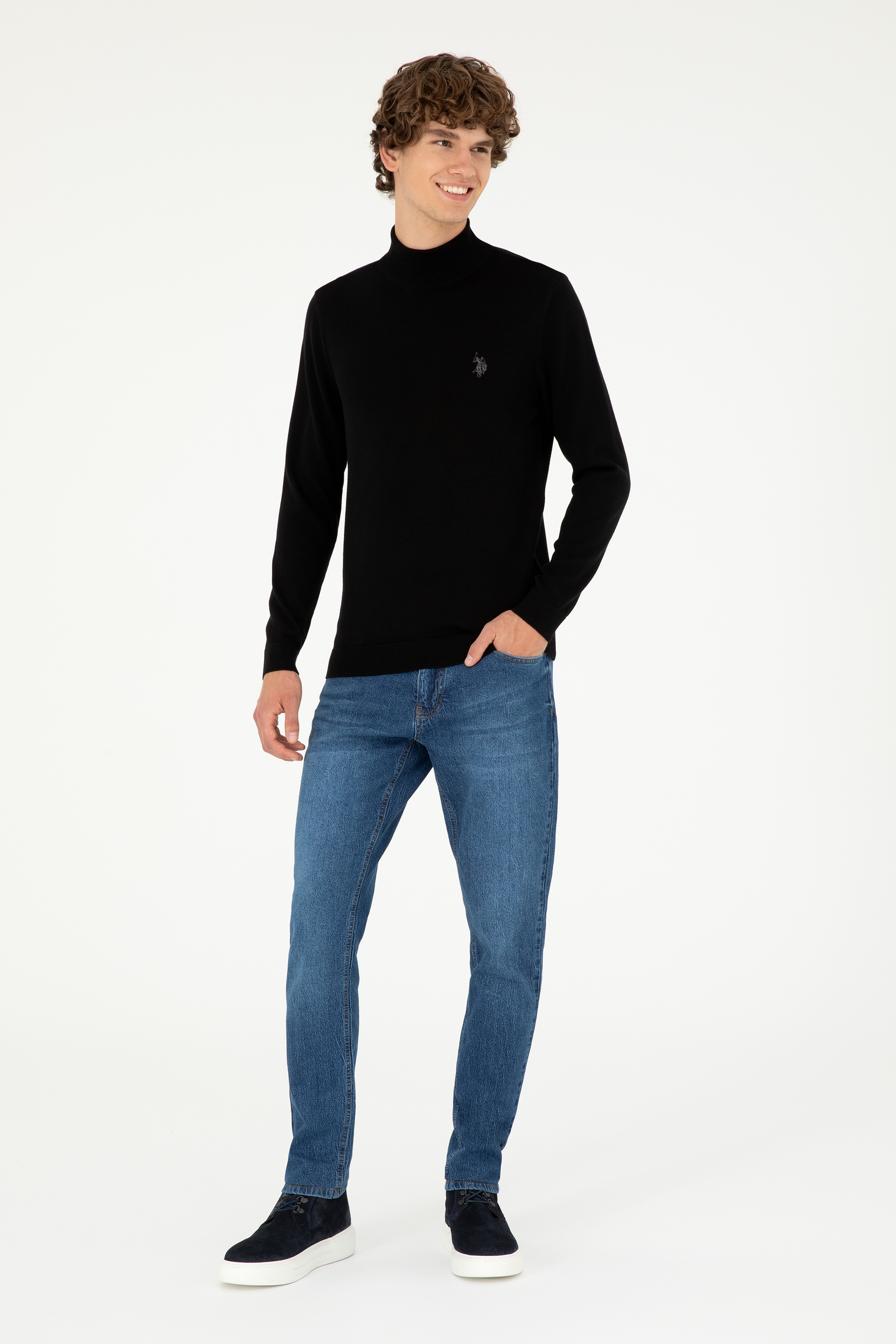 Erkek Slim Fit Yarım Boğazlı Siyah Basic Kazak